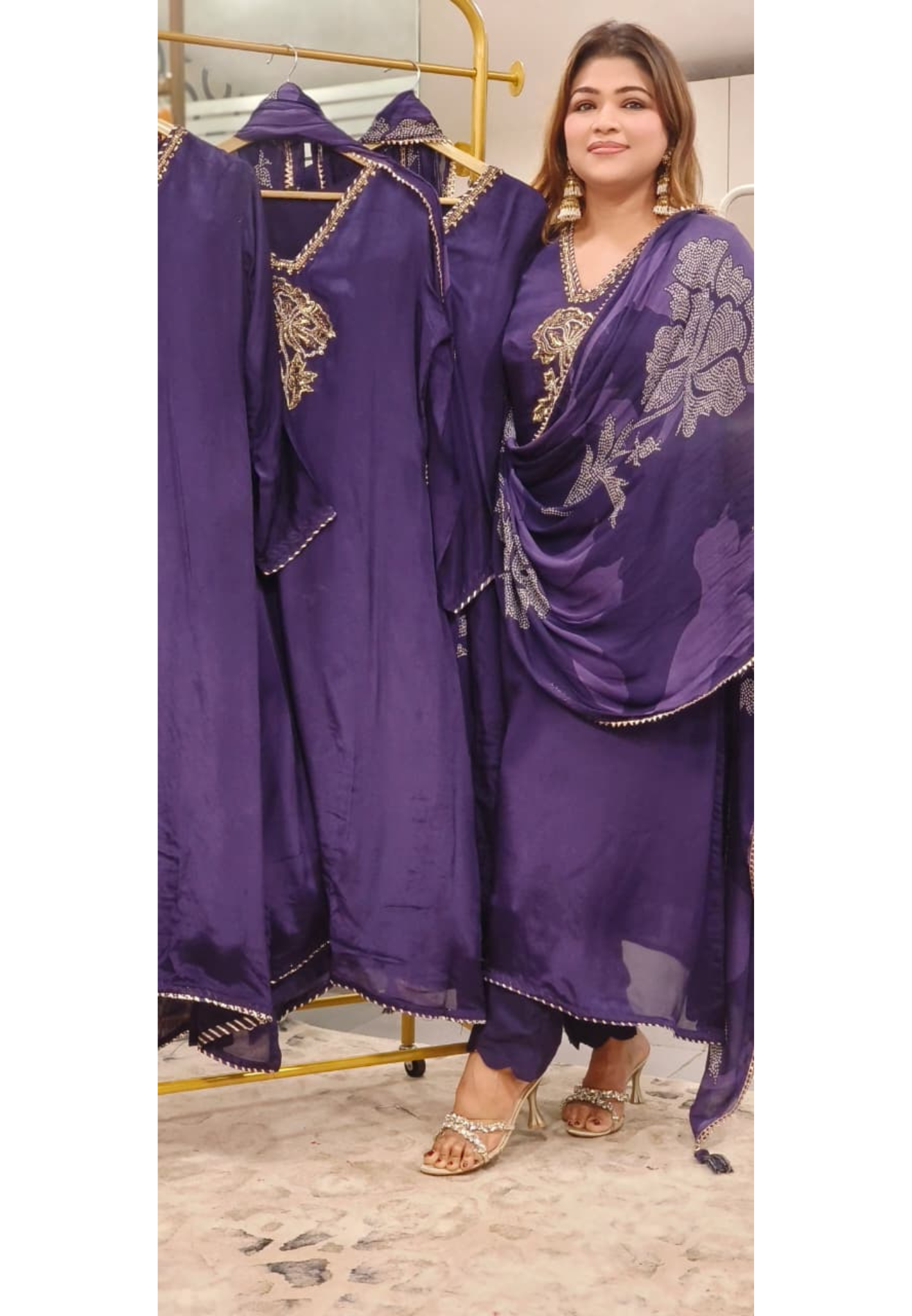 Flower Embroidered Handwork Crepe Full Suit With Dupatta- 10896
