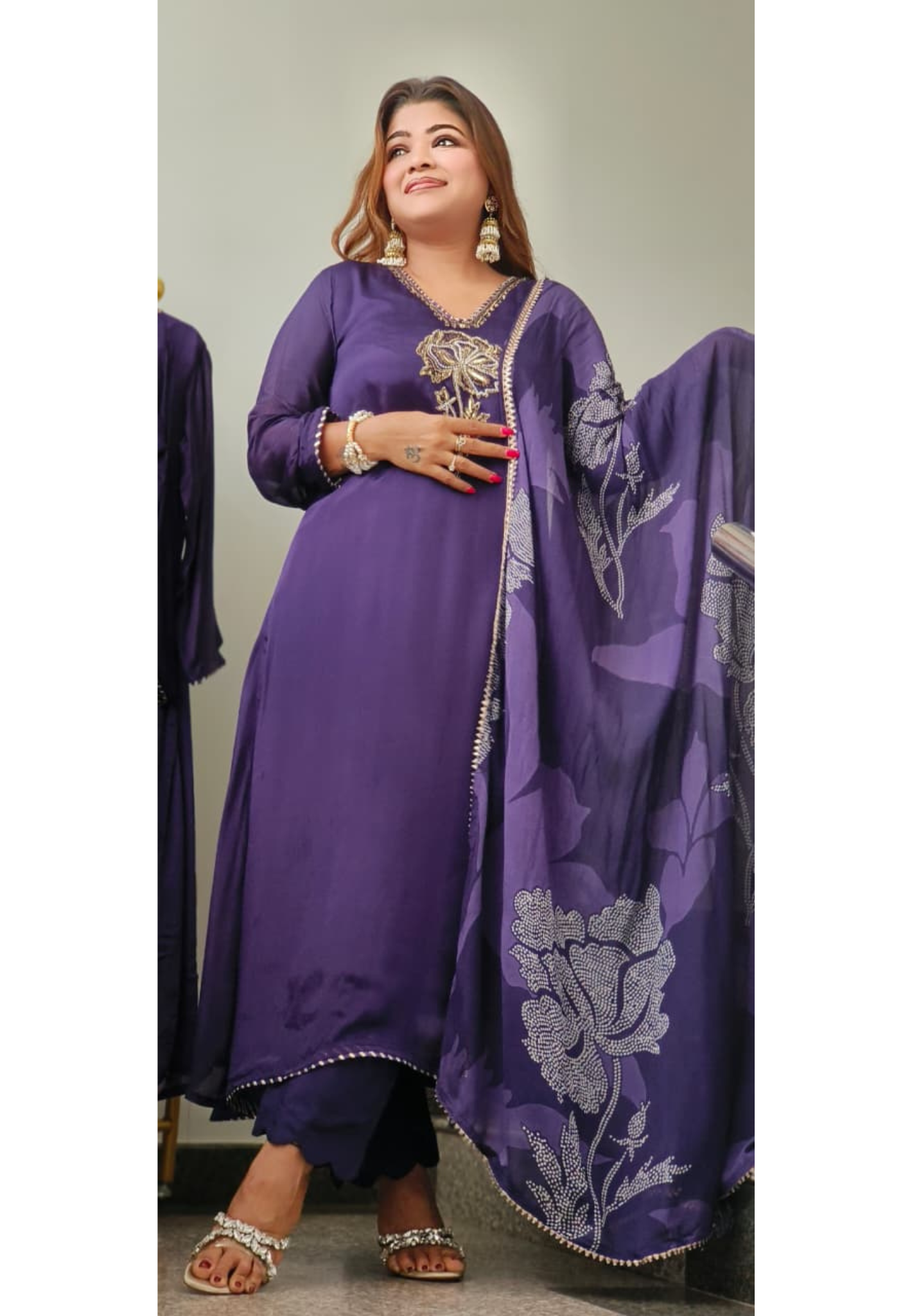 Flower Embroidered Handwork Crepe Full Suit With Dupatta- 10896