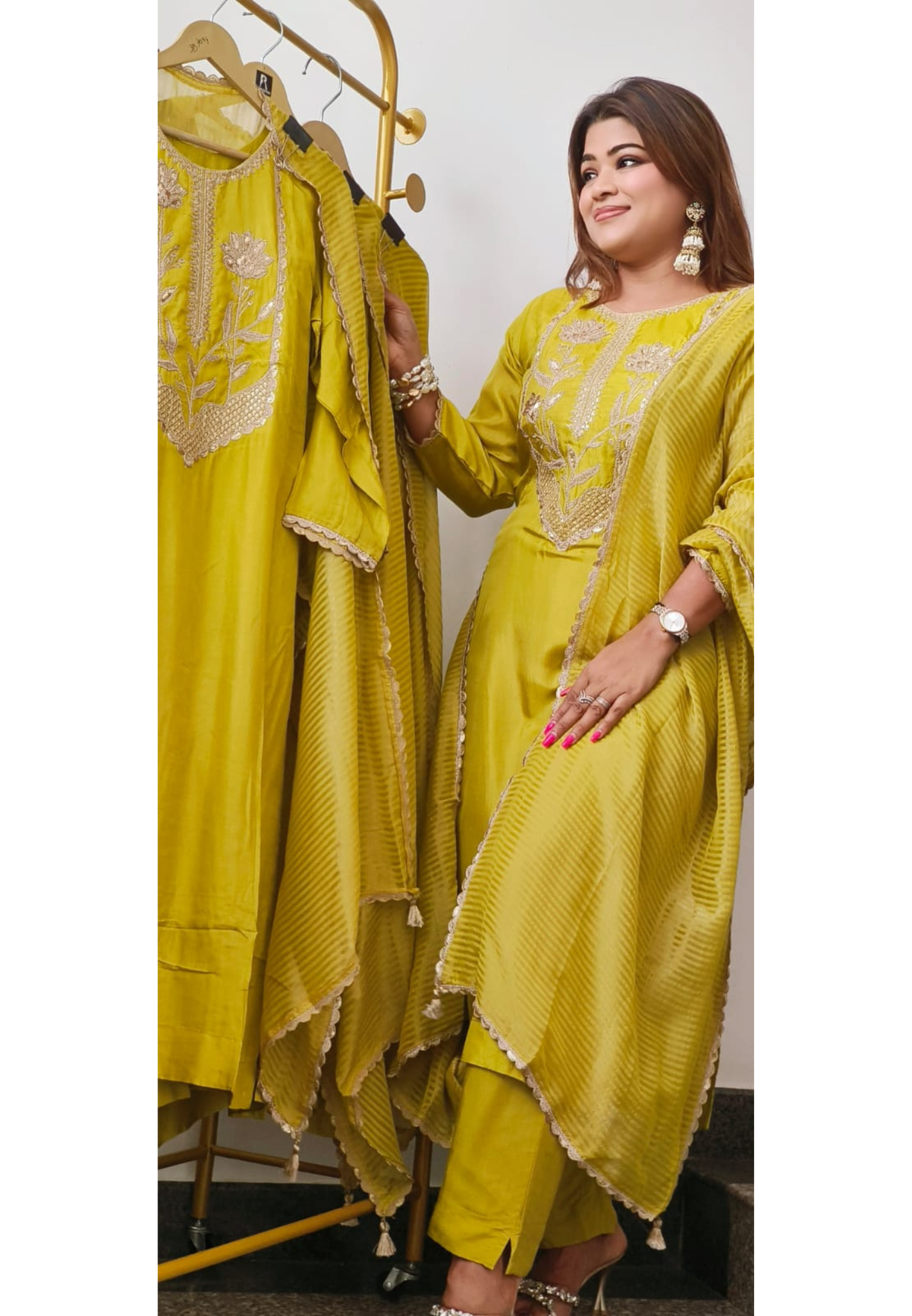 Radiant Mustard Beautiful Yoke Zardosi Work Russian Silk Full Suit Set With Tissue Dupatta-10897