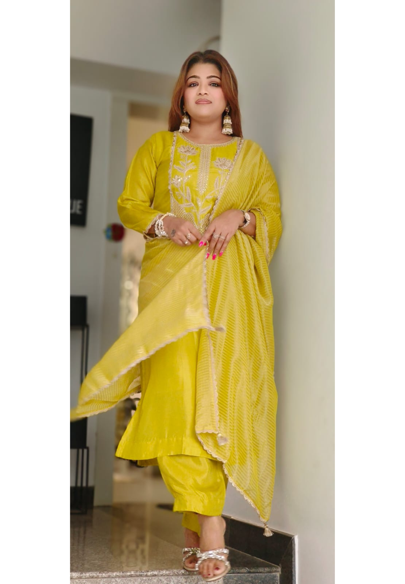 Radiant Mustard Beautiful Yoke Zardosi Work Russian Silk Full Suit Set With Tissue Dupatta-10897