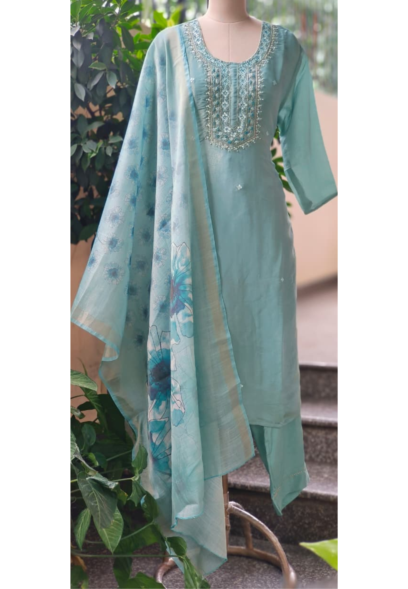 Thread & Mirror Work Embroidery Tissue Full Suit Set With Floral Printed Dupatta- 10981
