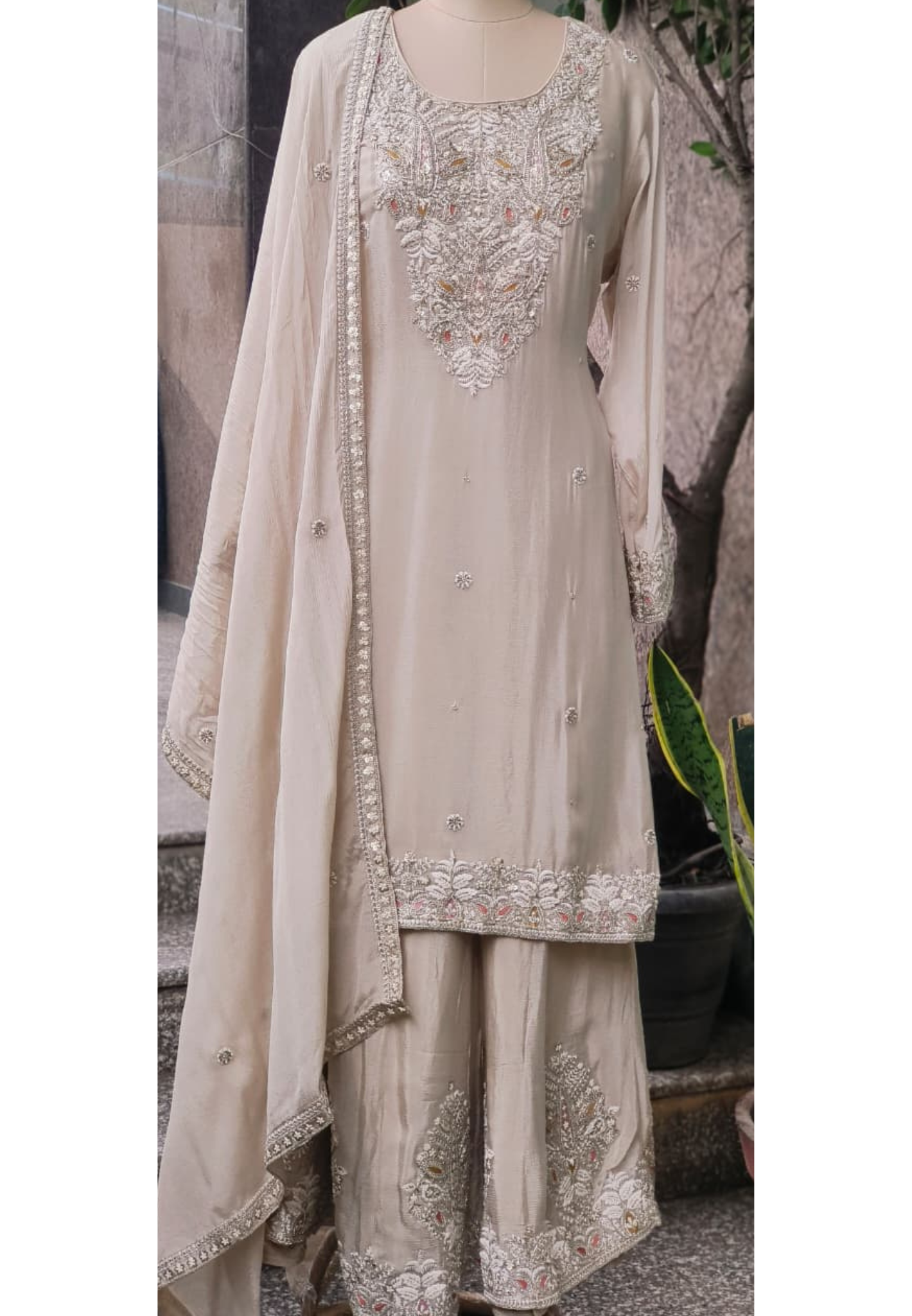 Elegant Soft Handwork Full Suit Set With Dupatta & Embroidered Panel Palazzo Bottom In Chinon Fabric-11010