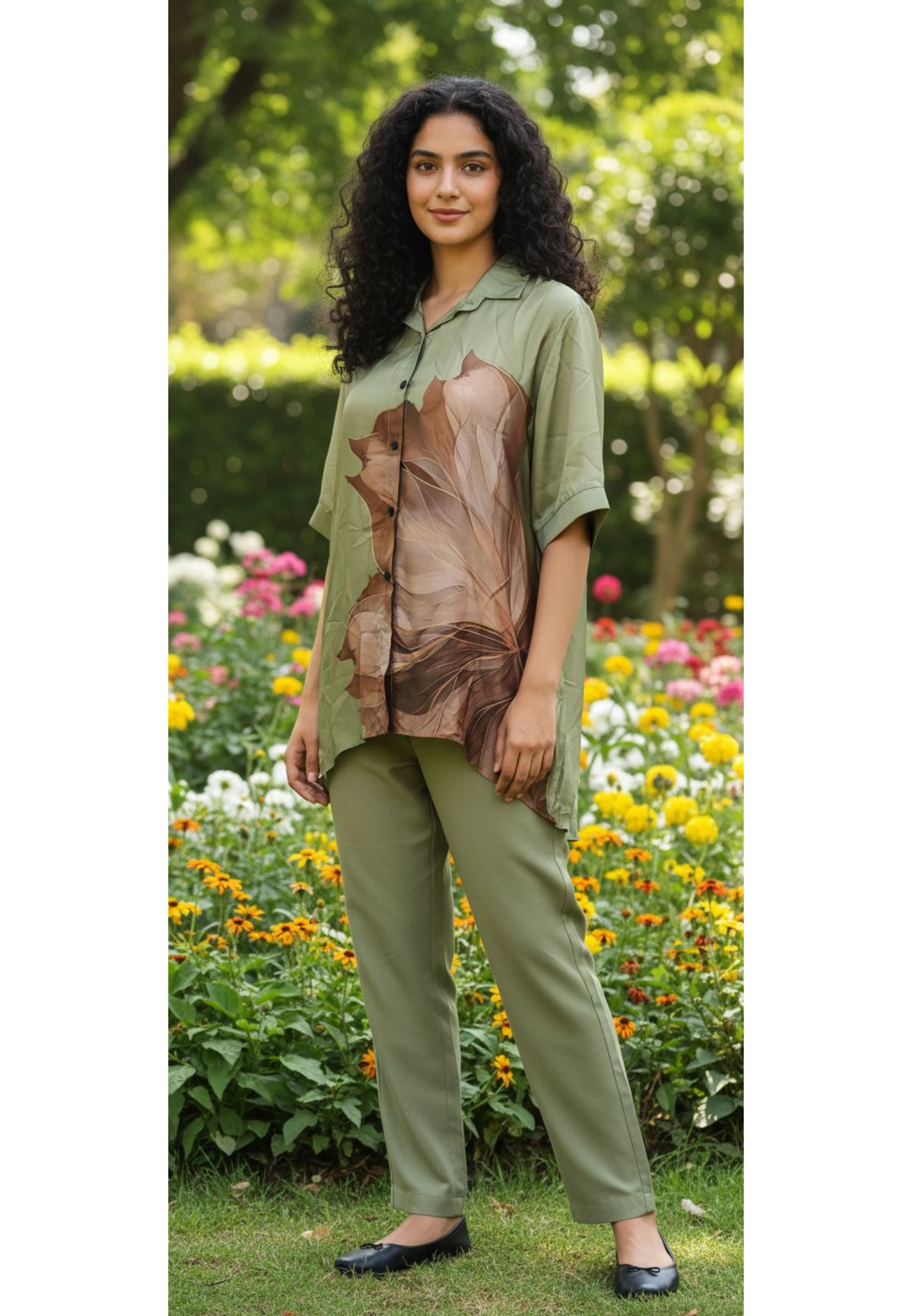 Floral Patched Satin Casual Transparent Shirt Only