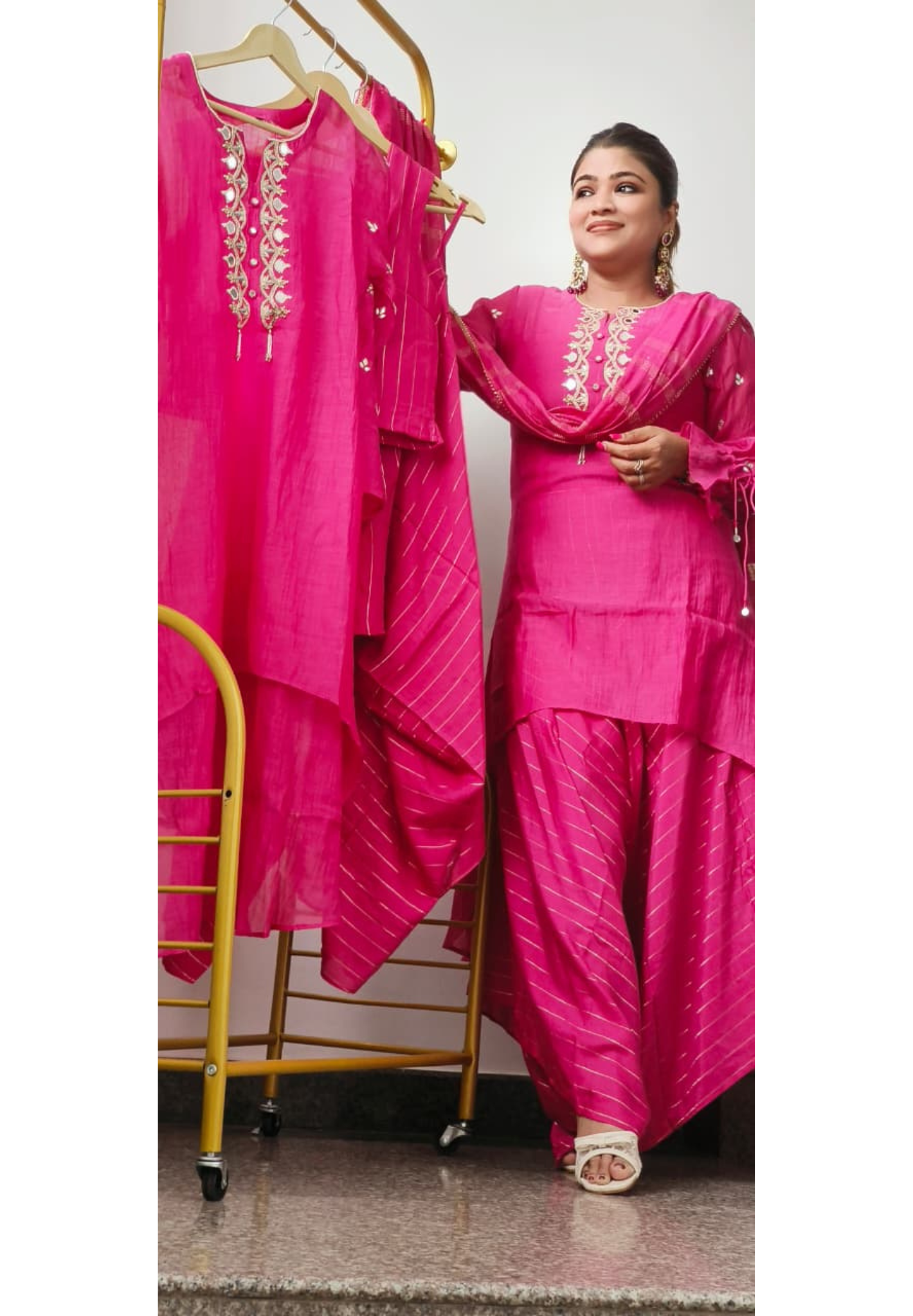 Pink Noor Real Mirror & Gotta Patti Work Short Kurta With Flared Harem Pant & Dupatta In Mul Chanderi Fabric- 11031