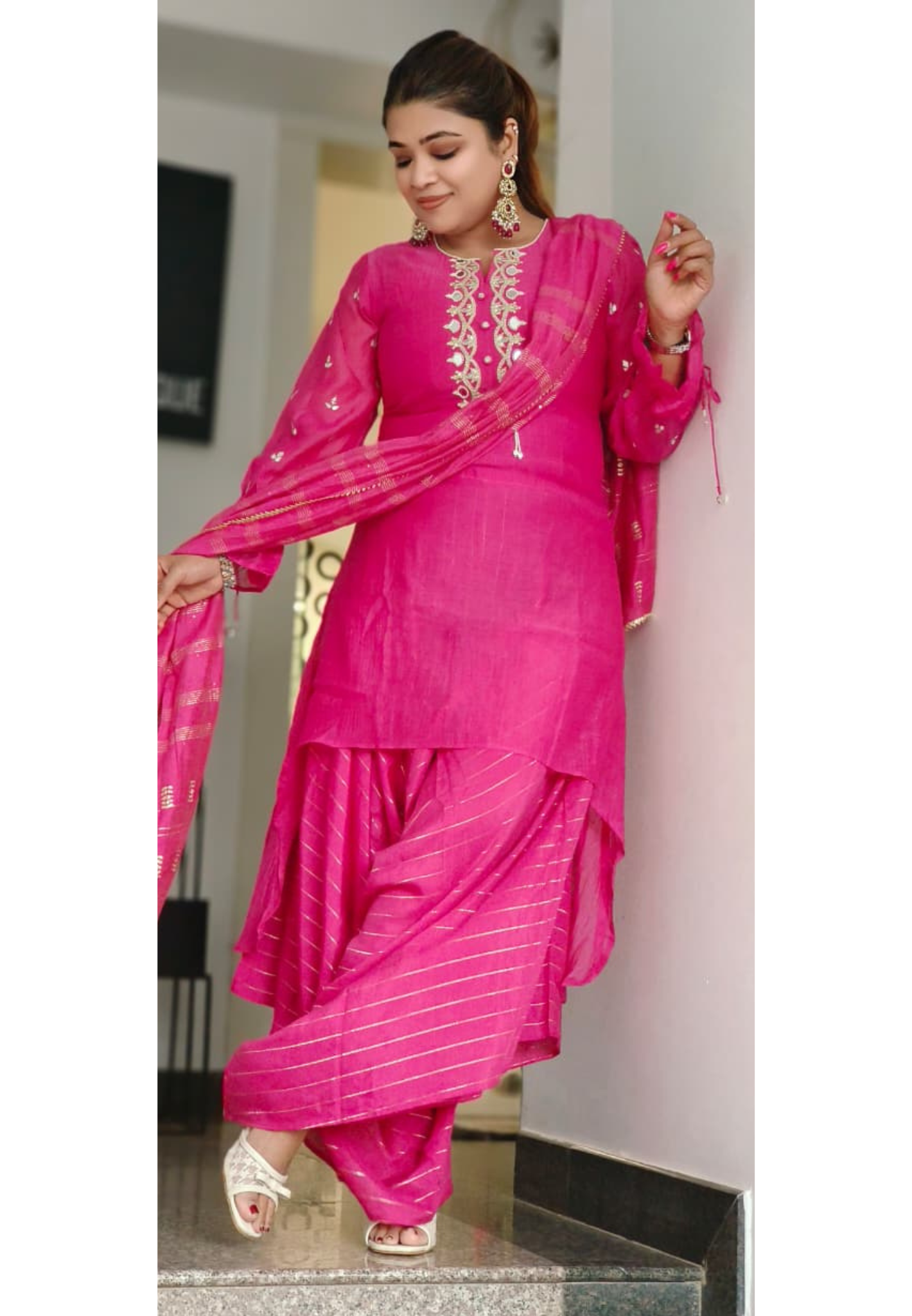 Pink Noor Real Mirror & Gotta Patti Work Short Kurta With Flared Harem Pant & Dupatta In Mul Chanderi Fabric- 11031