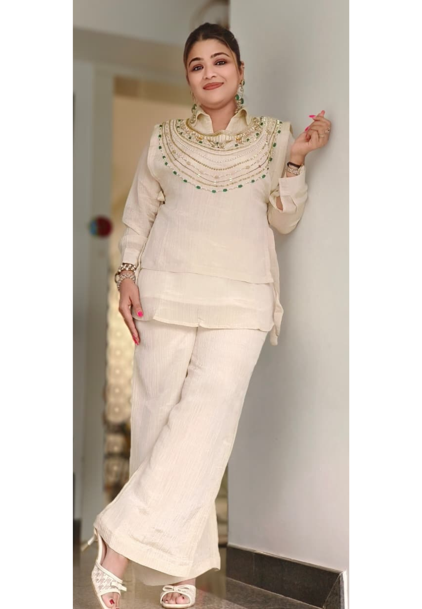 Ethereal Pearl Glow Ivory Indo-Western Designer Kurta Pant With Inner Inside In Crush Tissue Fabric-11107,11102