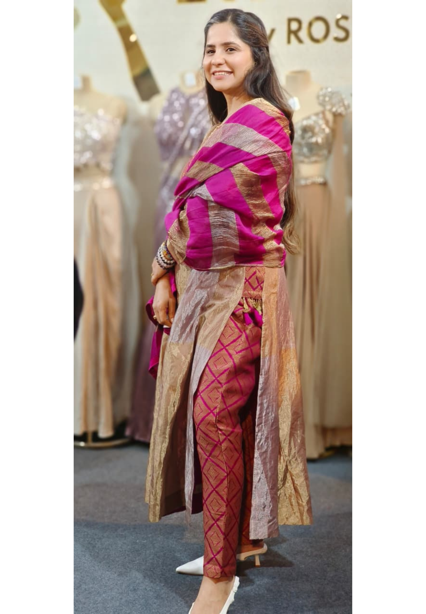 Fuchsia Pink Embroidery Golden Shimmer Anarkali Full Suit With Striped Dual Tone Dupatta In Pure Tissue Fabric (Dispatching After 25 Days On Orders)