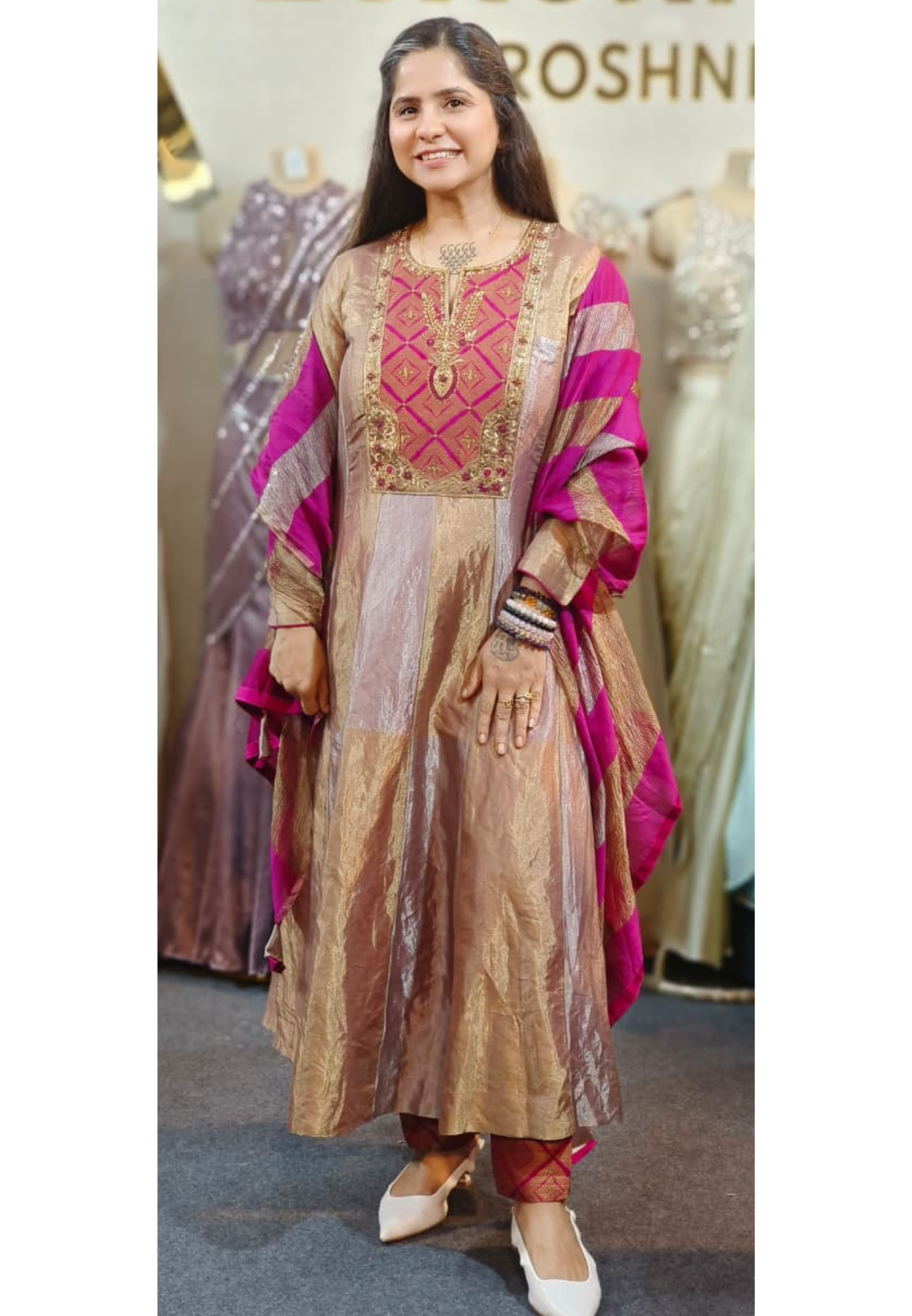 Fuchsia Pink Embroidery Golden Shimmer Anarkali Full Suit With Striped Dual Tone Dupatta In Pure Tissue Fabric (Dispatching After 25 Days On Orders)