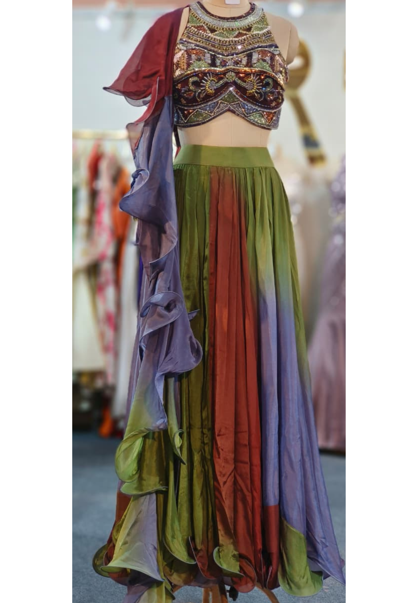 Multicolor Beads Handwork Sleeveless Blouse With Tri Color Flared Lehenga & Ruffled Dupatta