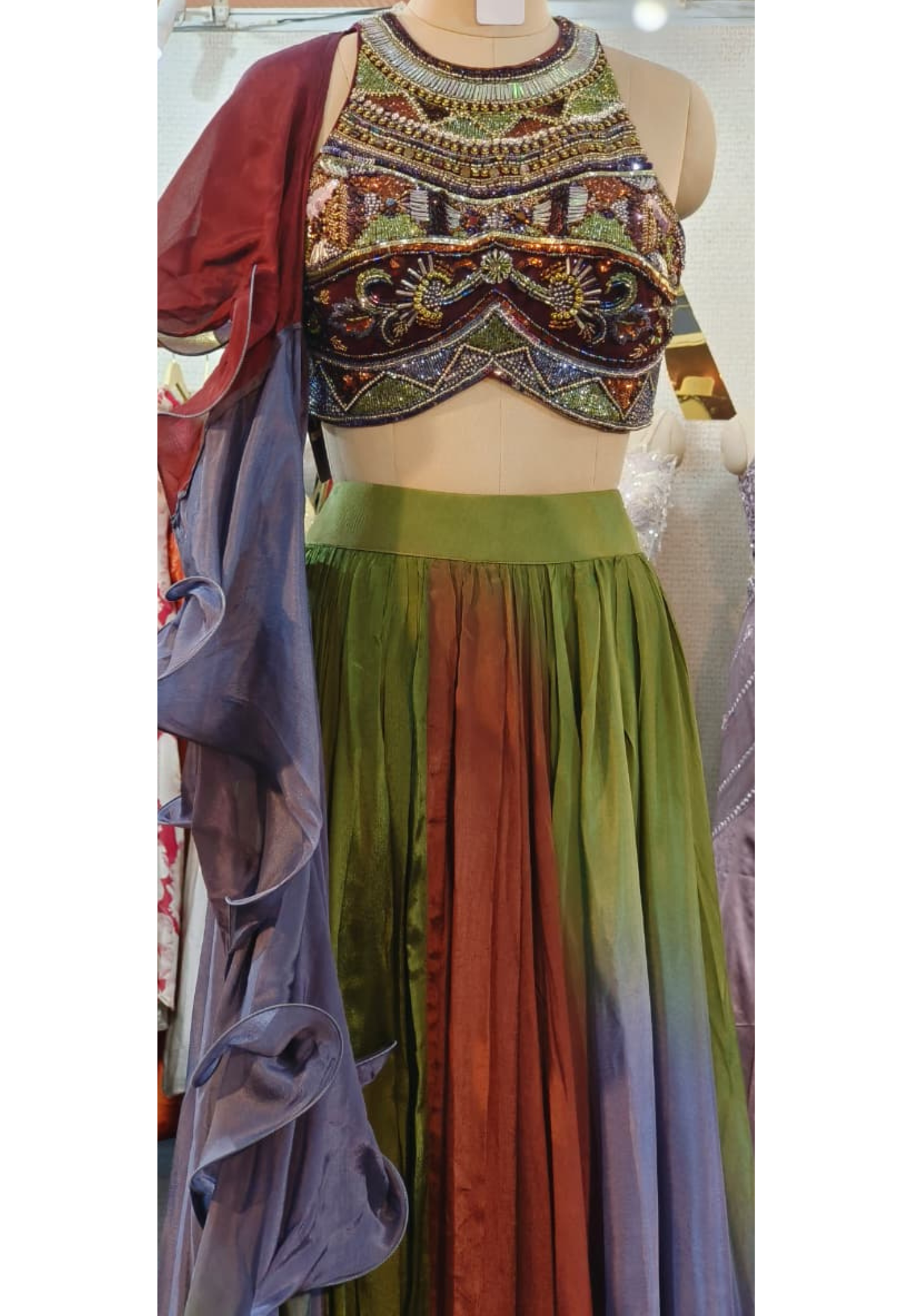 Multicolor Beads Handwork Sleeveless Blouse With Tri Color Flared Lehenga & Ruffled Dupatta