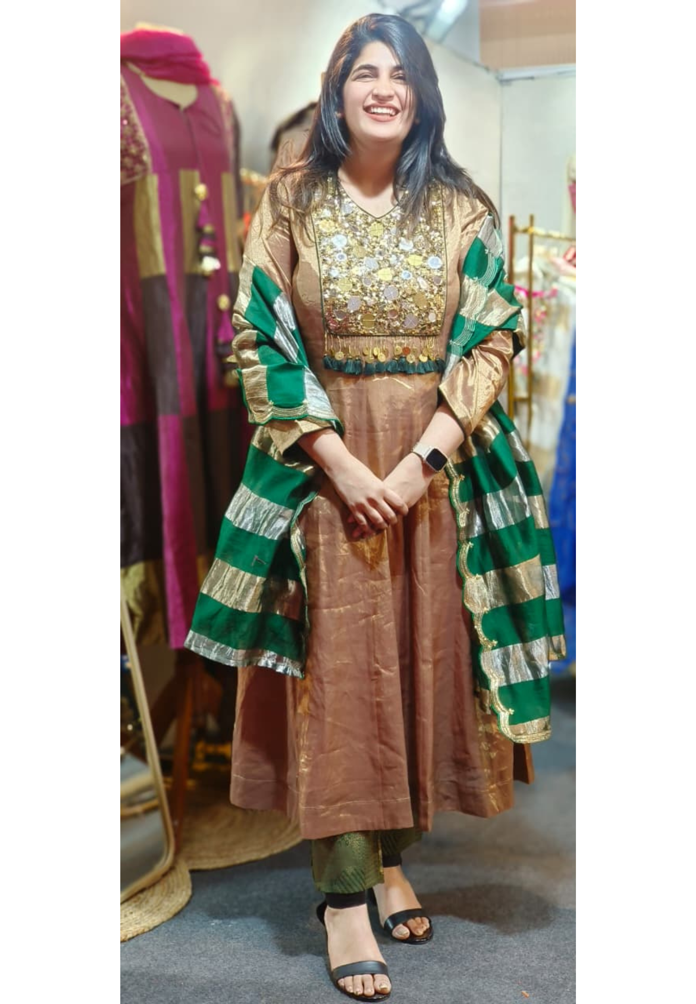 Shimmering Grace Real Mirror Handwork Tassel Pure Tissue Anarkali Full Suit Set With Striped Dupatta-