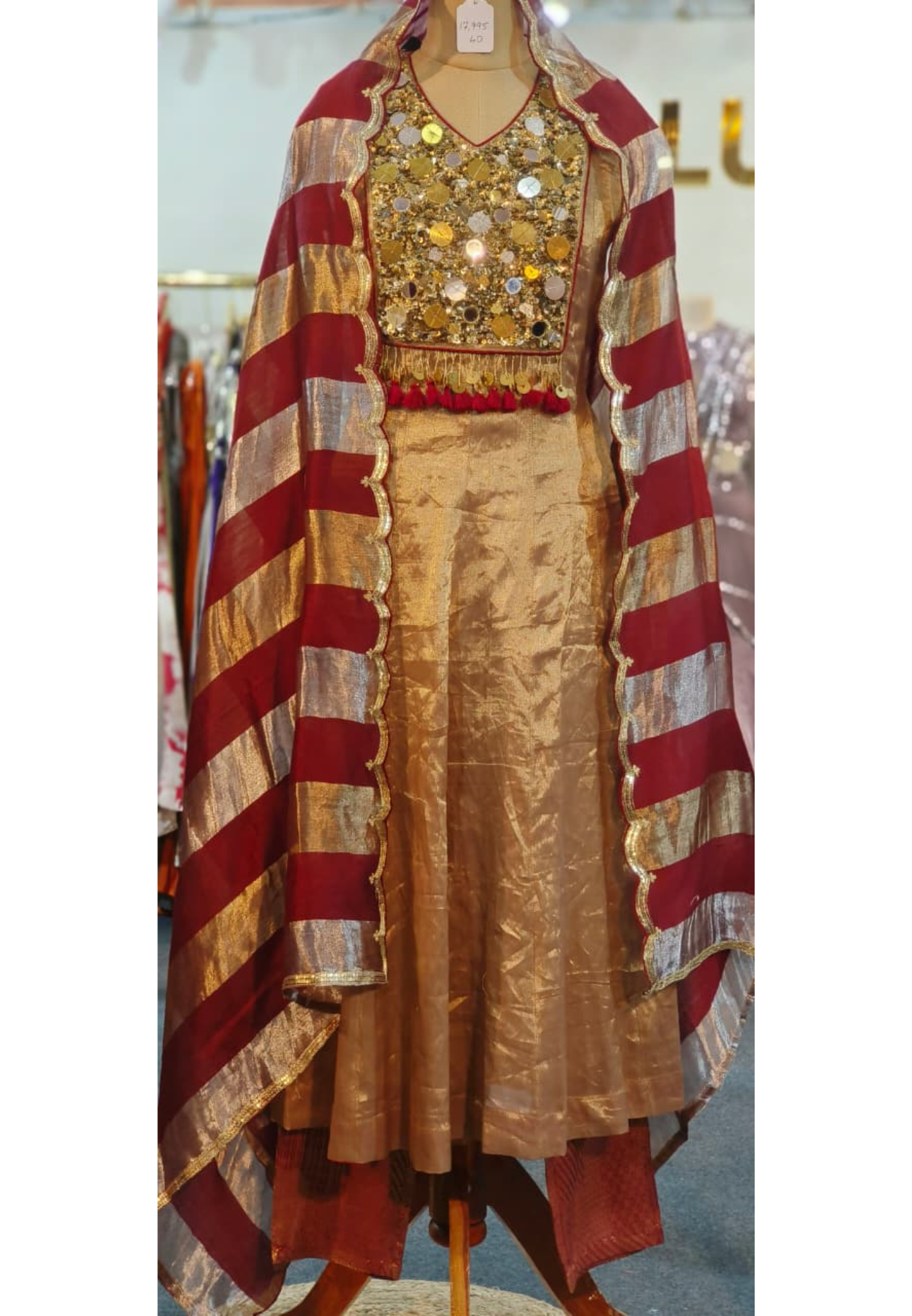 Shimmering Grace Real Mirror Handwork Tassel Pure Tissue Anarkali Full Suit Set With Striped Dupatta-