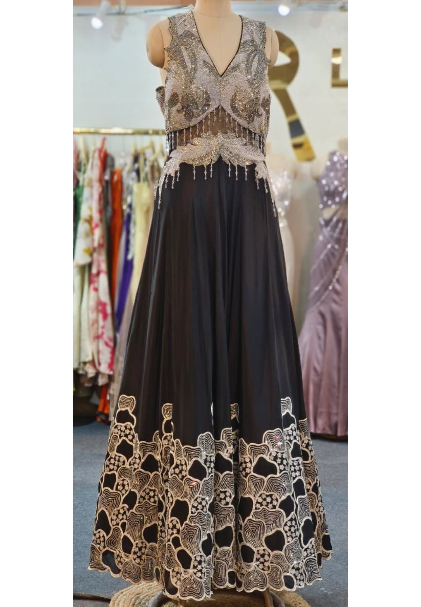 Tiny Shimmery Cut Dana Beads Embelished Work Golden Spiral Bottom Netted A-Line Flared Sleeveless Gown