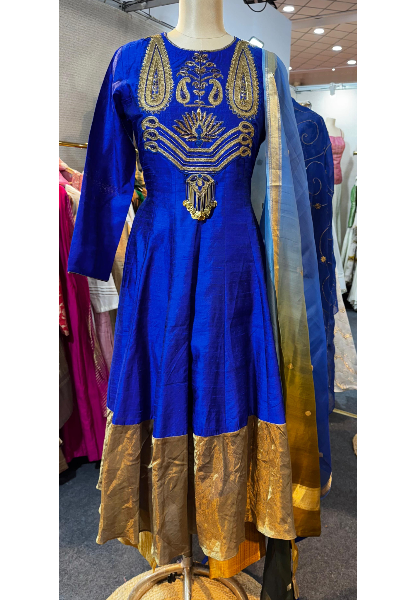 Royal Blue Aura Zari Embellished Anarkali Full Suit Set With Dupatta In Silk Fabric & Slight Banarasi Touch- 11085