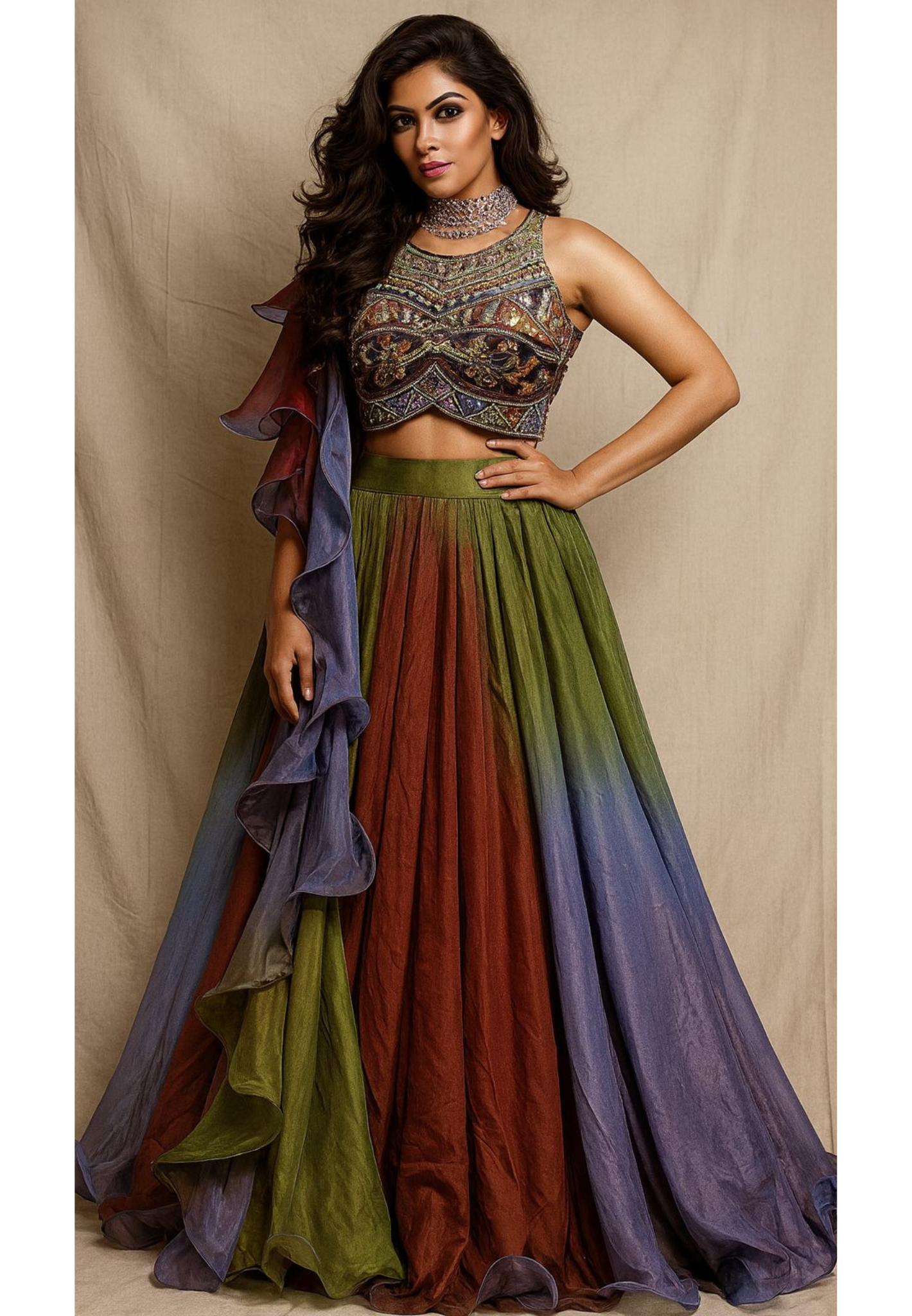 Multicolor Beads Handwork Sleeveless Blouse With Tri Color Flared Lehenga & Ruffled Dupatta