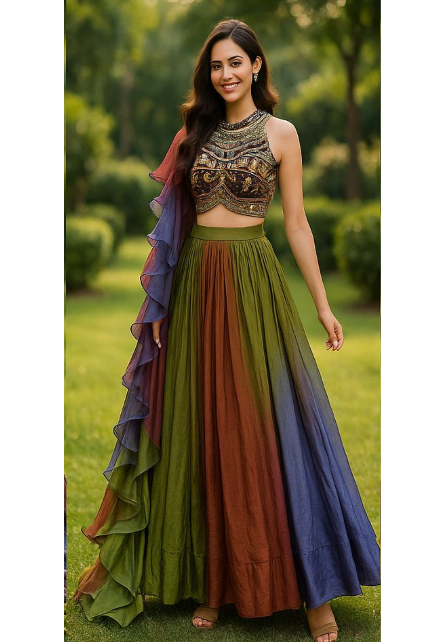 Multicolor Beads Handwork Sleeveless Blouse With Tri Color Flared Lehenga & Ruffled Dupatta
