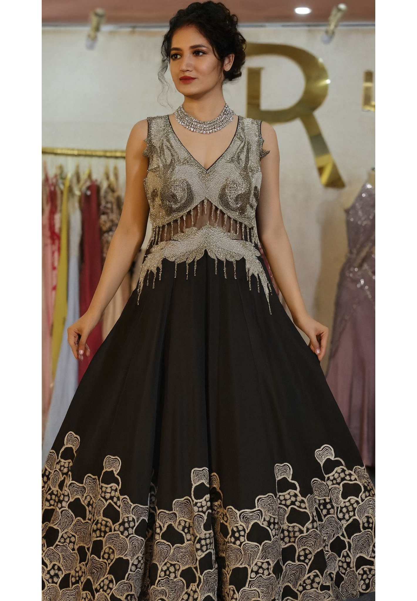 Tiny Shimmery Cut Dana Beads Embelished Work Golden Spiral Bottom Netted A-Line Flared Sleeveless Gown