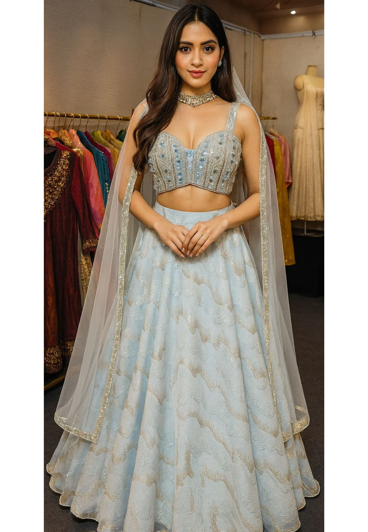 Radiant Sky Bliss Party Wear Shimmery Embellished Lehenga With Handwork Sleeveless Blouse & Netted Dupatta- 11165