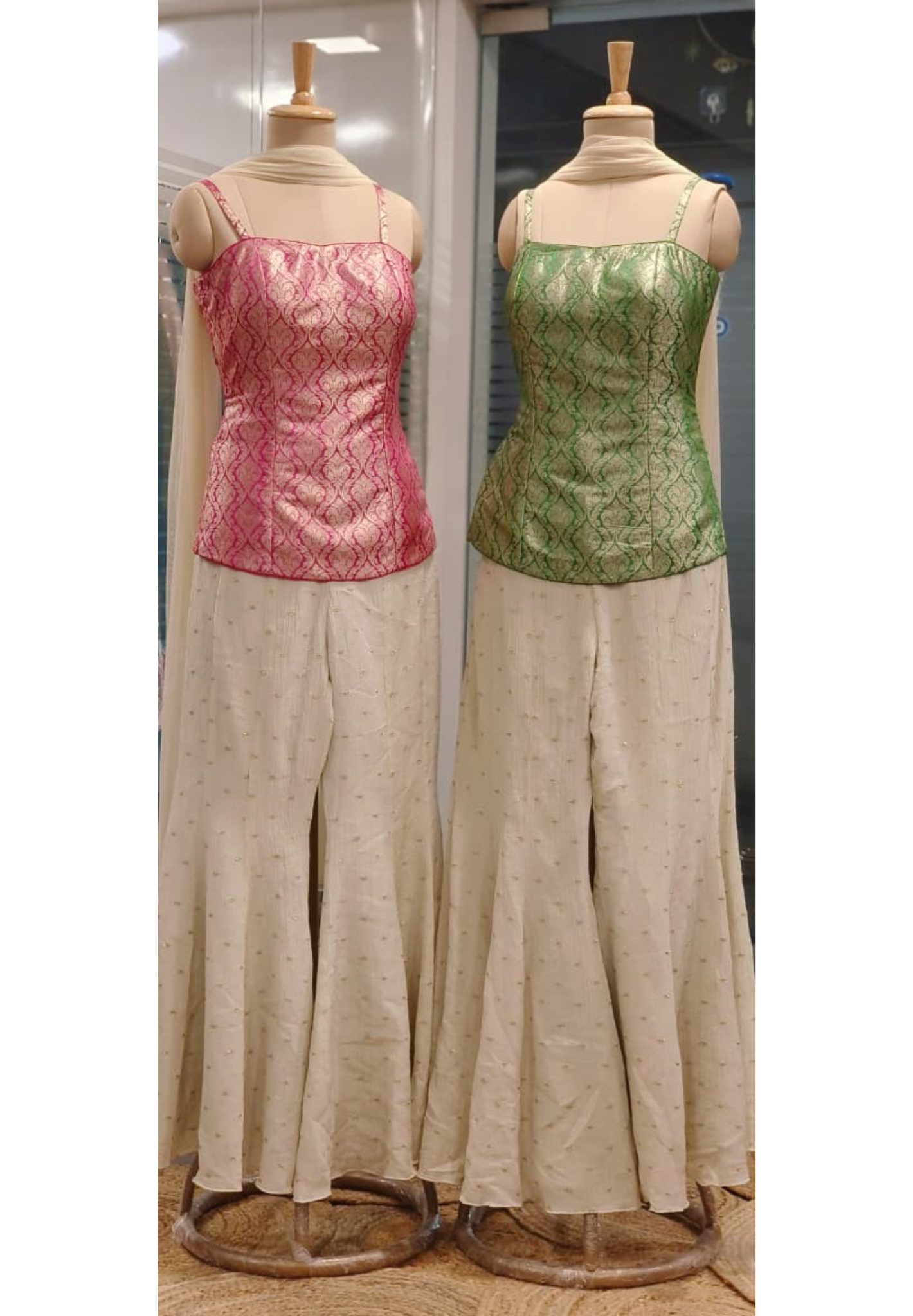 Indo-Western Wear Banarasi Touch Brocade Kurta With Flarred Palazzo In Crush Tissue 11143 (Dispatching After 30 Days)