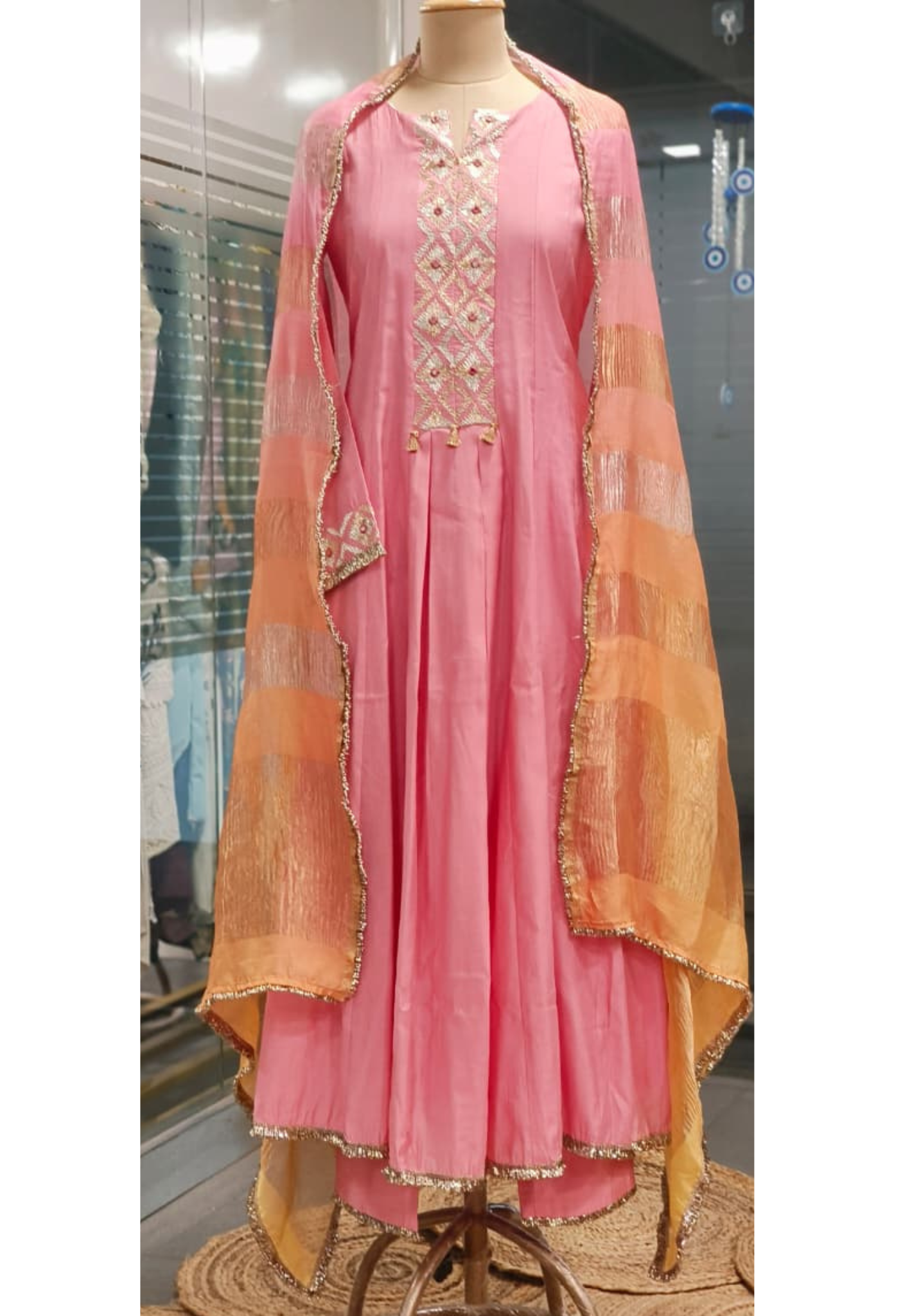 Block Emroidered Minimal Work Panel Anarkali Full Suit Set With Shimmer Touch Dupatta