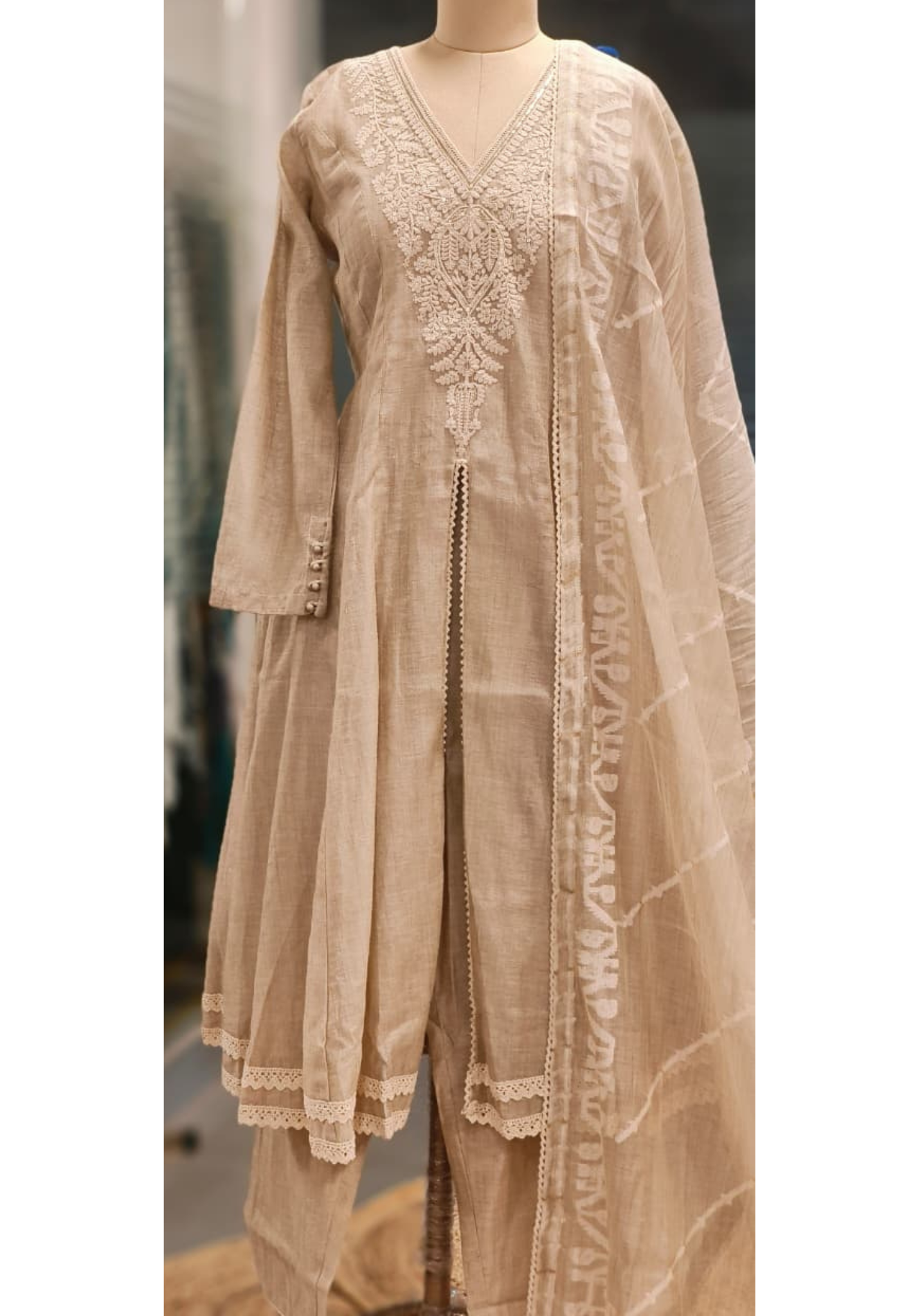 Classic Nude Very Decent Look Front Slitted Aline Anarkali Full Suit Set With Dupatta