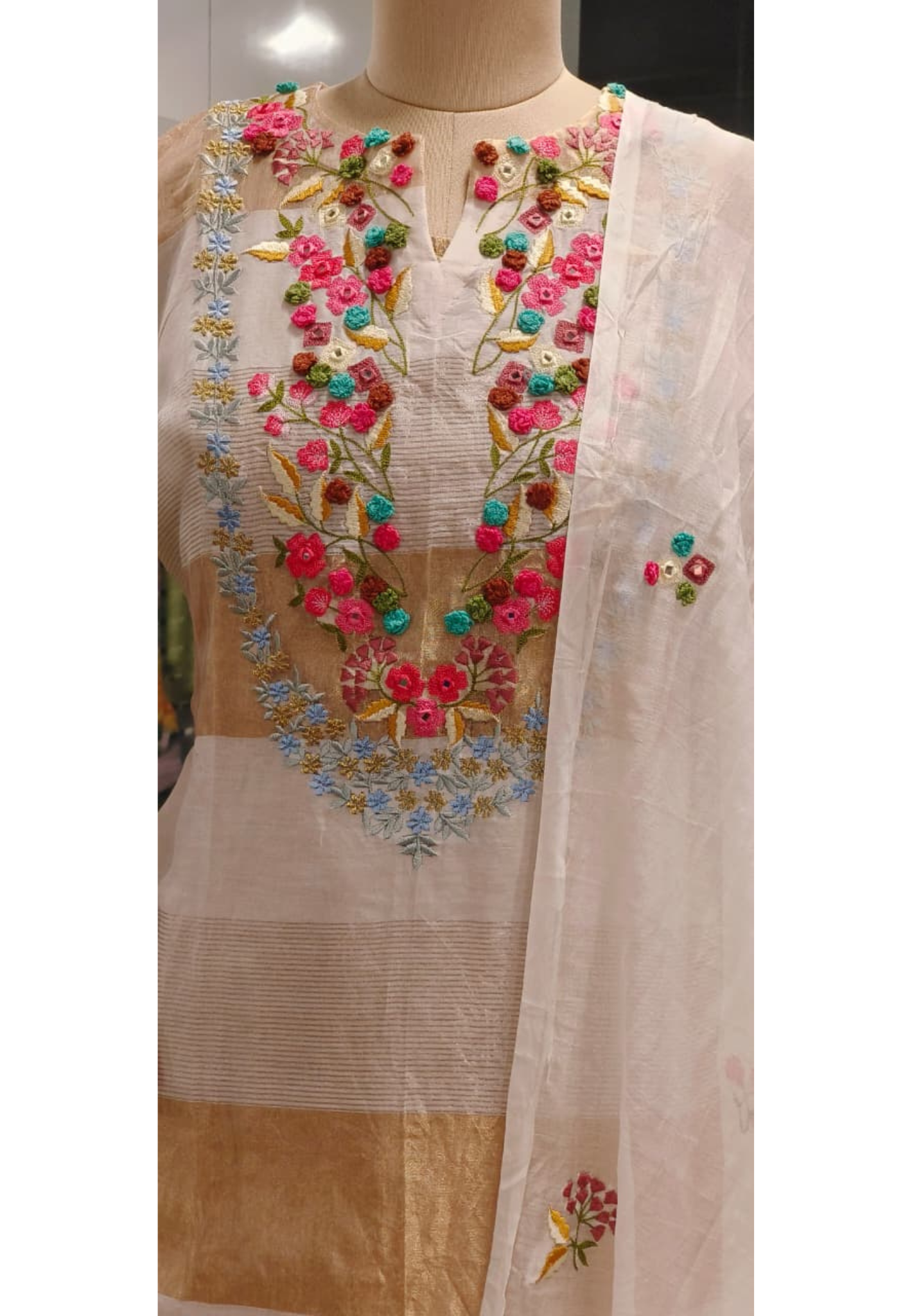 Popped Thread Embroidery Over Real Mirror Yoke Striped Banarasi Touch Straight Full Suit Set With Dupatta