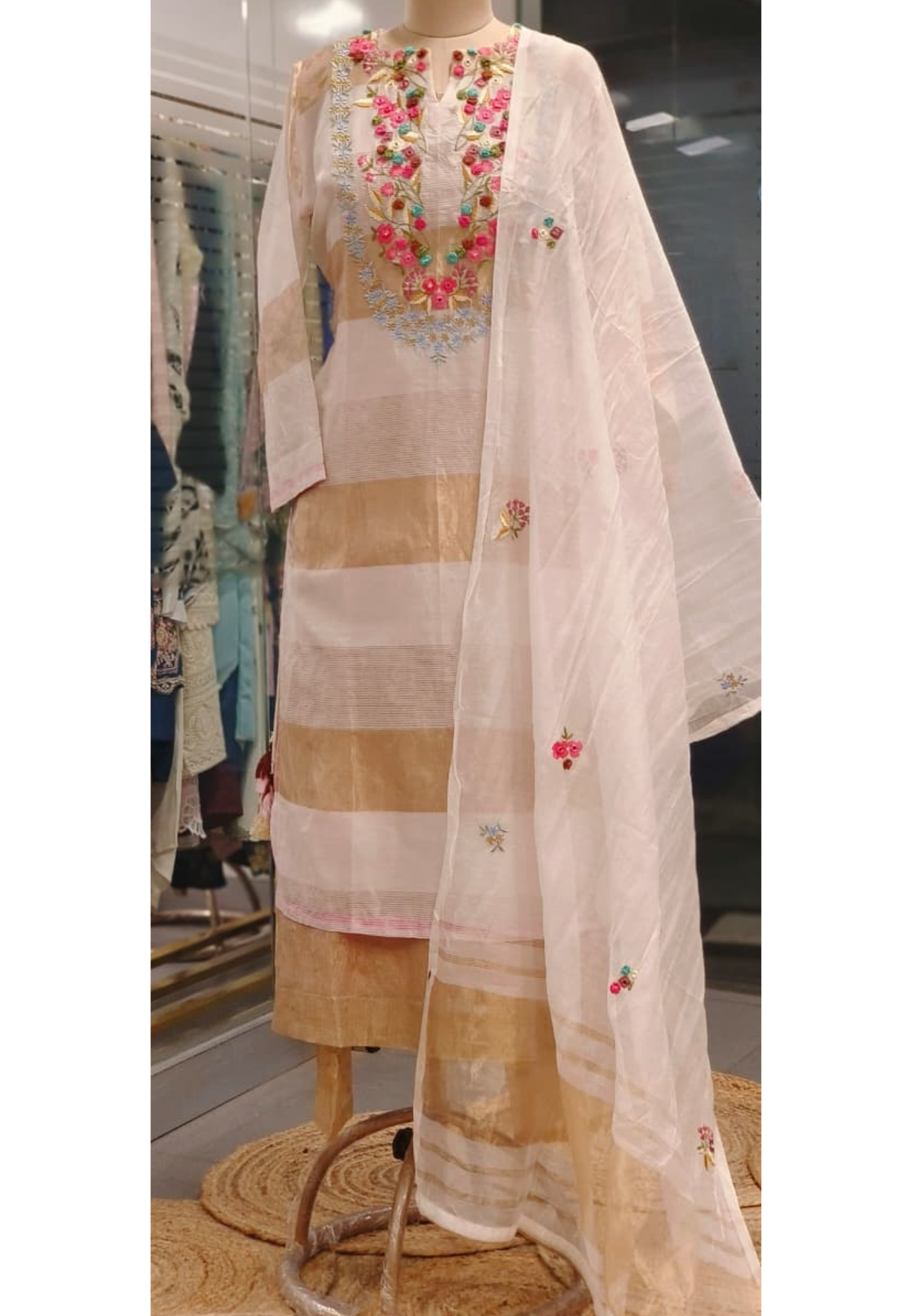 Popped Thread Embroidery Over Real Mirror Yoke Striped Banarasi Touch Straight Full Suit Set With Dupatta