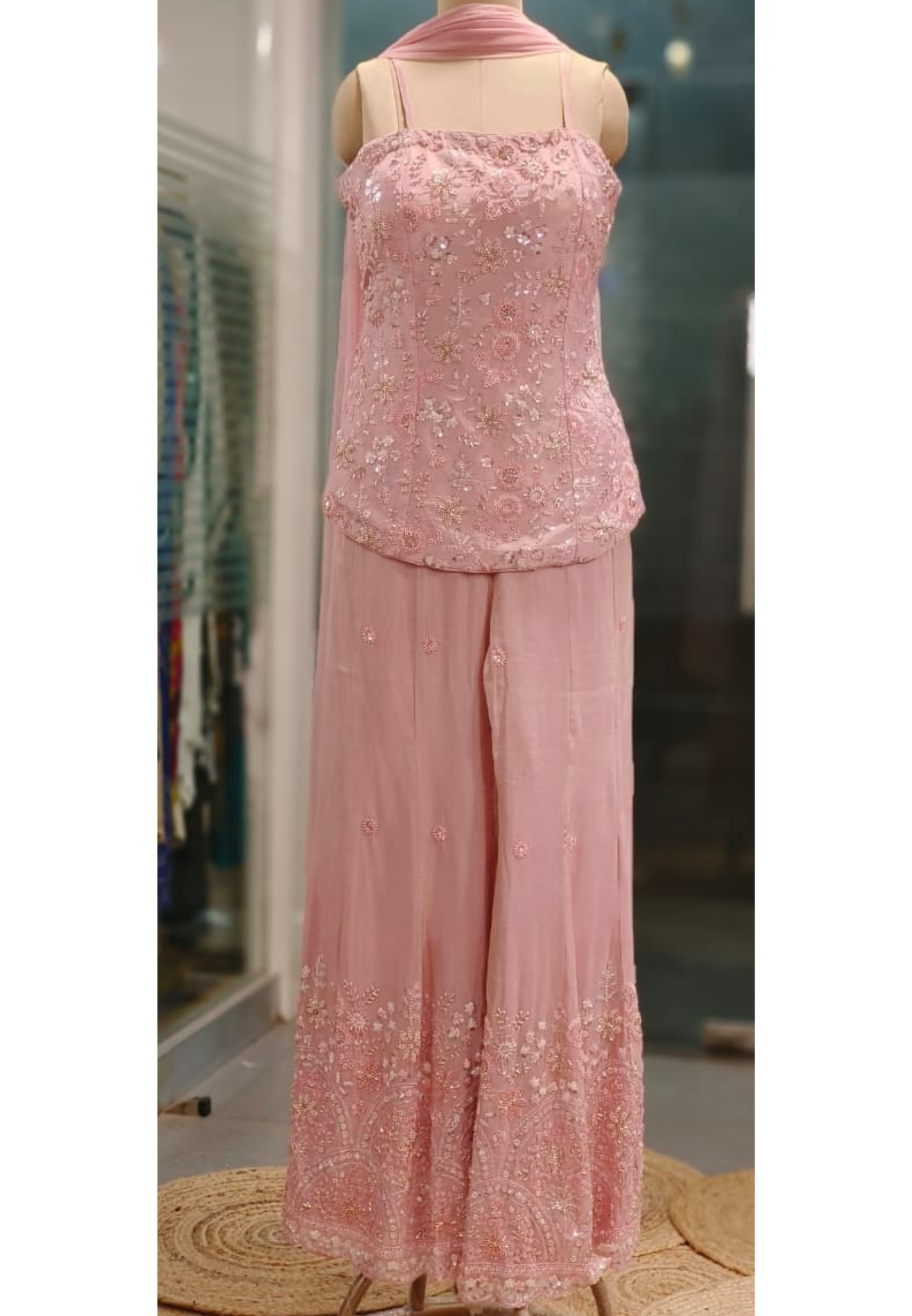Very Elegant Dusky Rose Sleeveless Kurta With Loose Palazzo Bottom & Dupatta- 11148 (Dispatching After 30 Days On Orders)