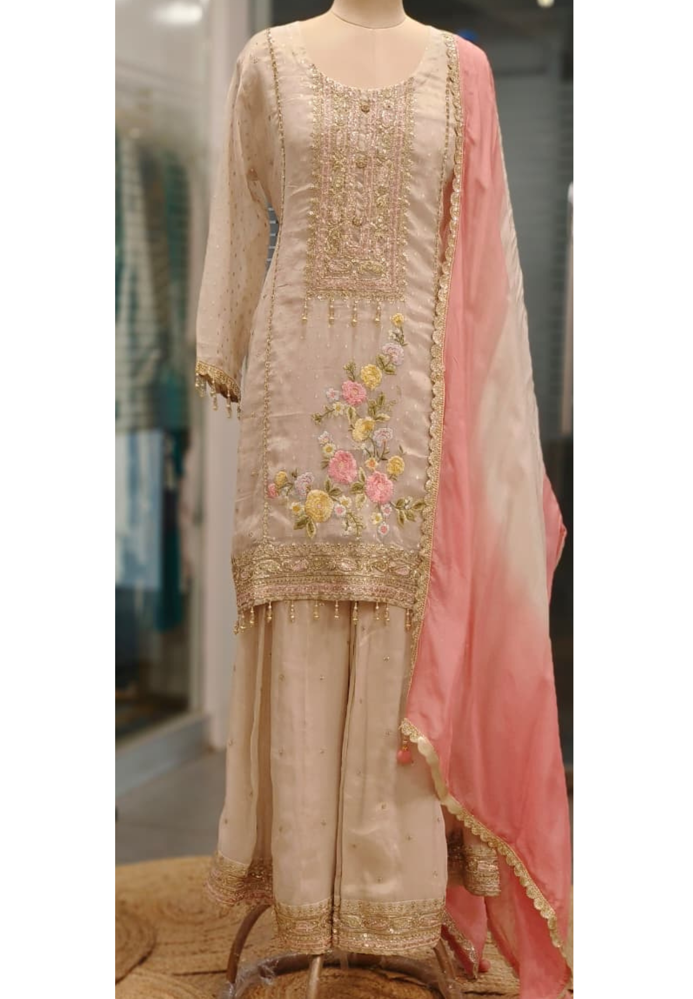 Zardosi Placement Floral Work Elegant Piece Sharara Full Suit Set With Contrast Dupatta In Tissue Fabric- 10846