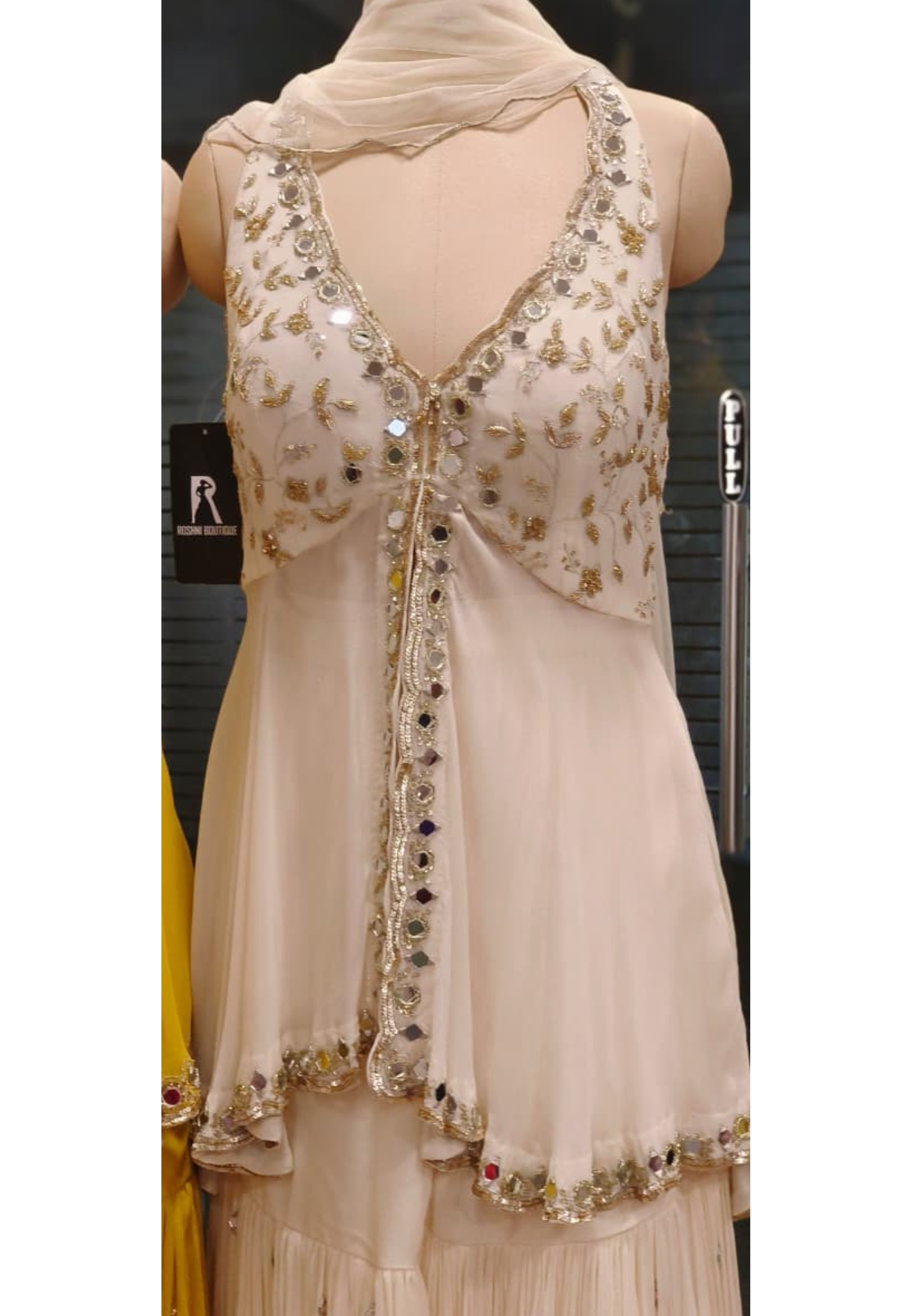 Graceful Real Mirror Sleeveless Front Slitted Short Kurta With Sharara Bottom & Dupatta In Georgette Fabric (Dispatching After 30 Days On Orders)