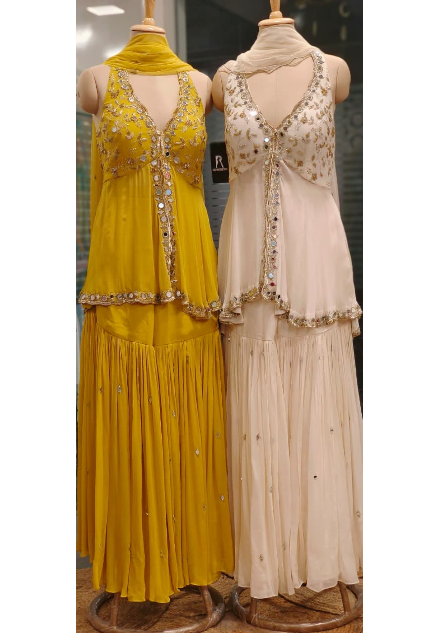 Graceful Real Mirror Sleeveless Front Slitted Short Kurta With Sharara Bottom & Dupatta In Georgette Fabric (Dispatching After 30 Days On Orders)