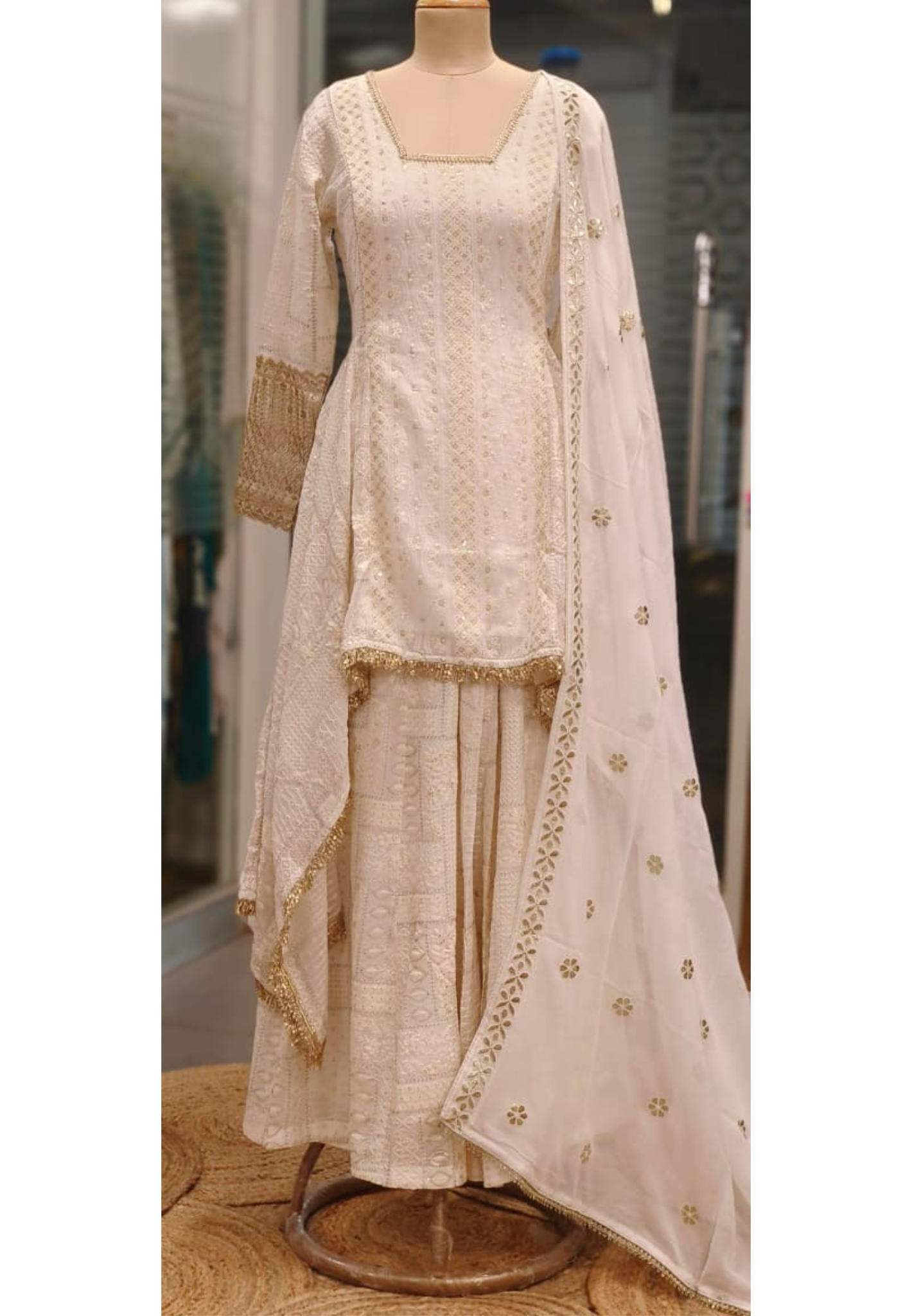 Pure Chikankari White In Golden Touch High Low Kurta With Loose Palazzo Bottom & Dupatta In Pure Georgette Fabric 011106 (Dispatching After 30 Days On Order)