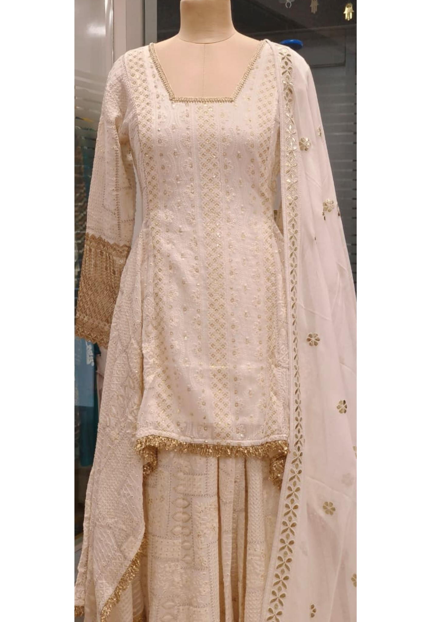 Pure Chikankari White In Golden Touch High Low Kurta With Loose Palazzo Bottom & Dupatta In Pure Georgette Fabric 011106 (Dispatching After 30 Days On Order)