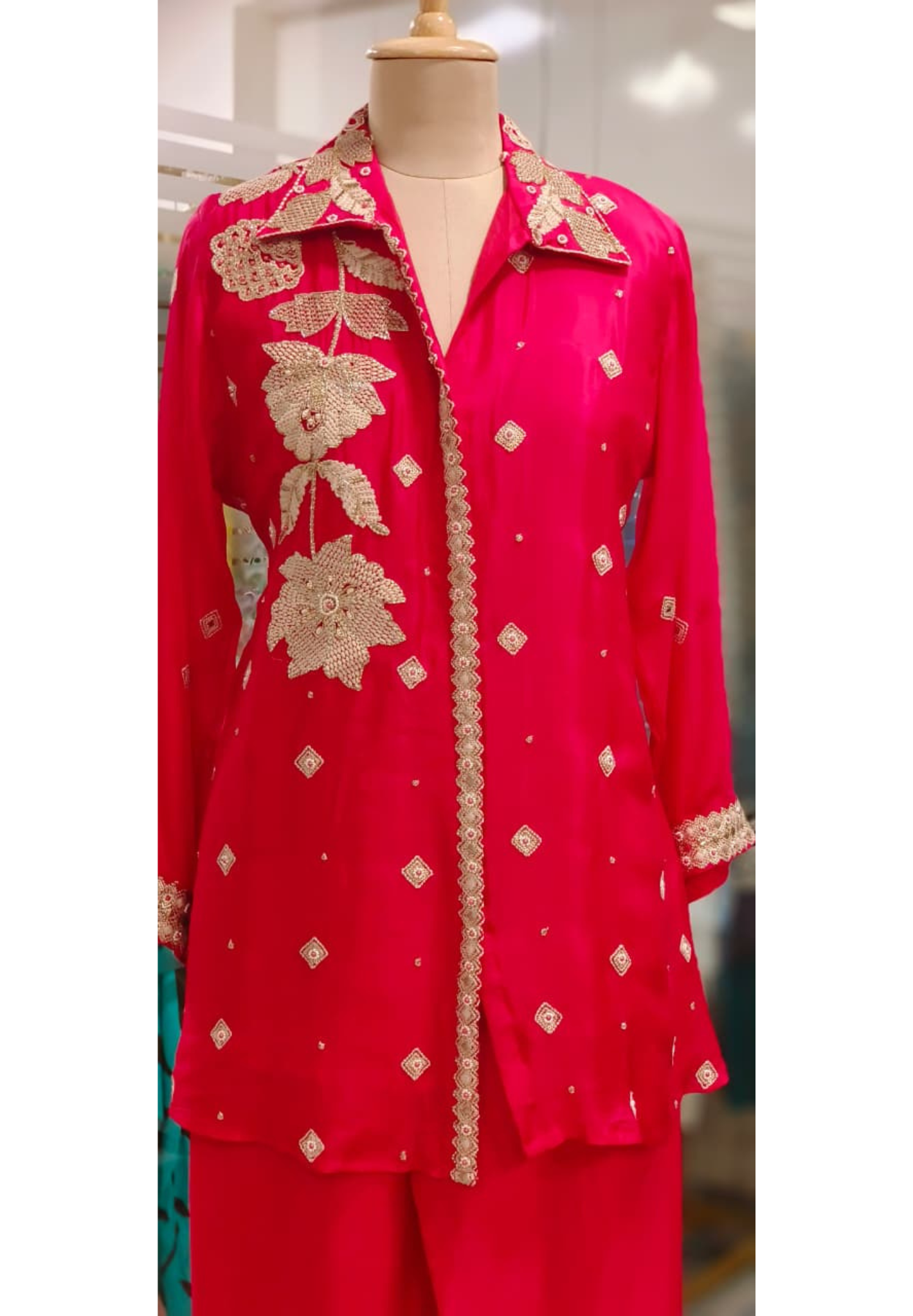 Ruby Glow Golden Bloom Floral Thread Embroidered Co-Ord Set In Chinon Fabric- 11200