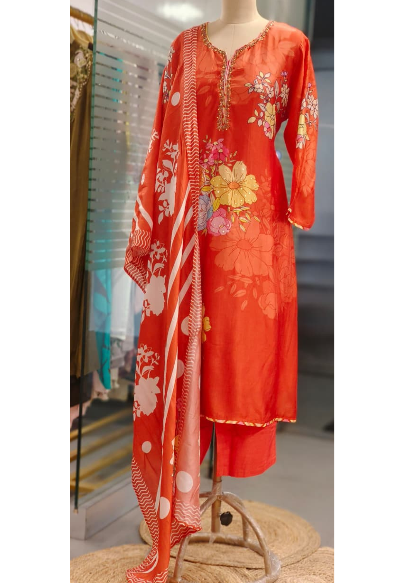 Flower Printed With Minimal Neck Work Sunset Full Suit Set With Dupatta- 11188