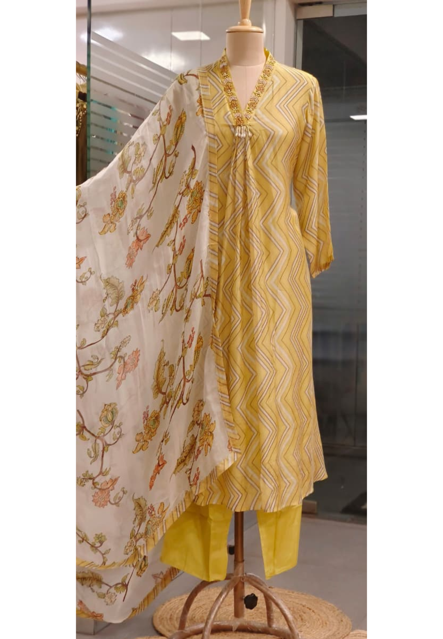 Zig-Zag Striped Tassel Cut-Dana Neck Work A-Line Full Suit Set With Dupatta In Muslin Fabric- 11185