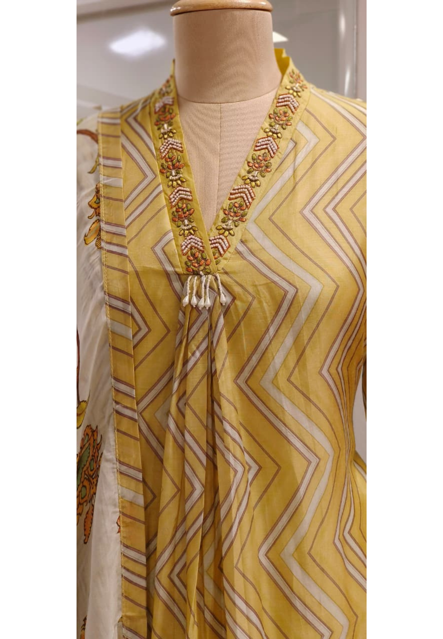 Zig-Zag Striped Tassel Cut-Dana Neck Work A-Line Full Suit Set With Dupatta In Muslin Fabric- 11185