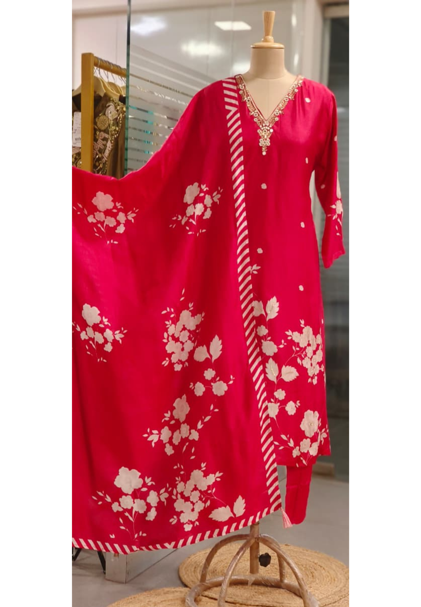 Radiant Crimson Floral Patched Full Suit Set With Striped Bordered Dupatta- 11201