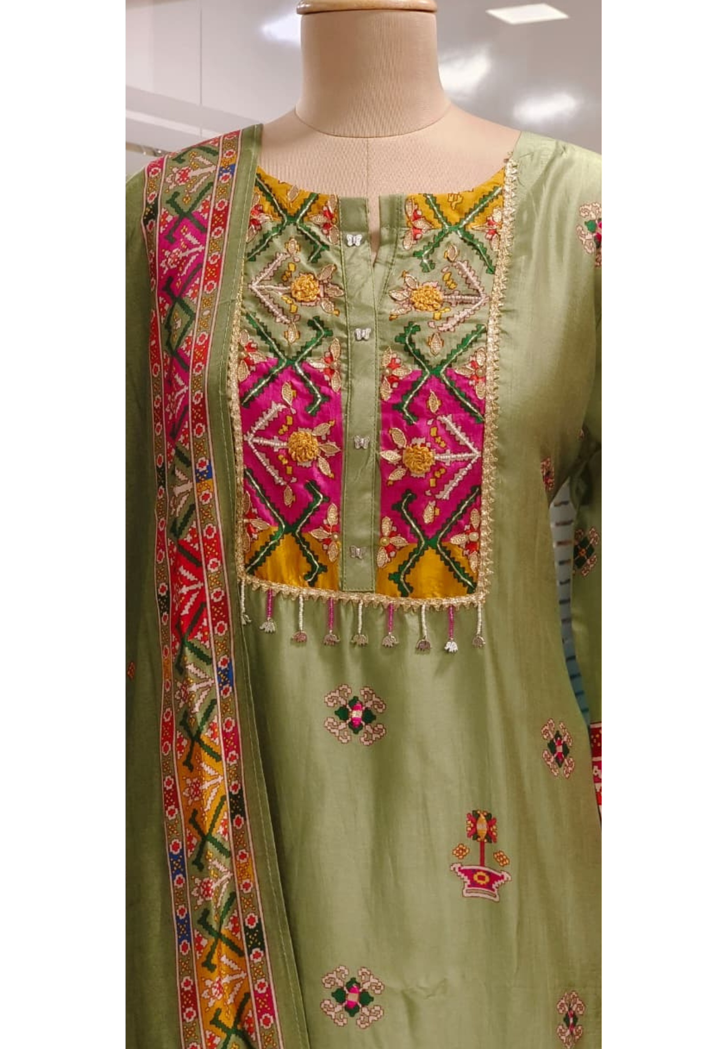 Multicolored Unique Tassel Yoke Full Suit Set With Dupatta In Russian Silk Fabric- 11187