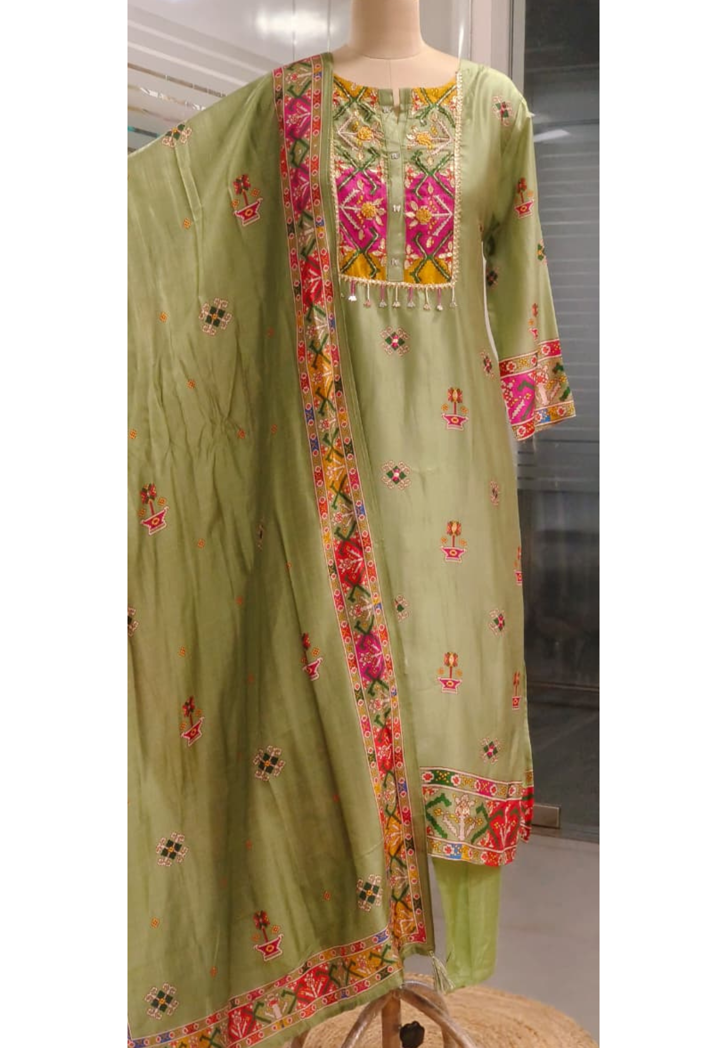 Multicolored Unique Tassel Yoke Full Suit Set With Dupatta In Russian Silk Fabric- 11187