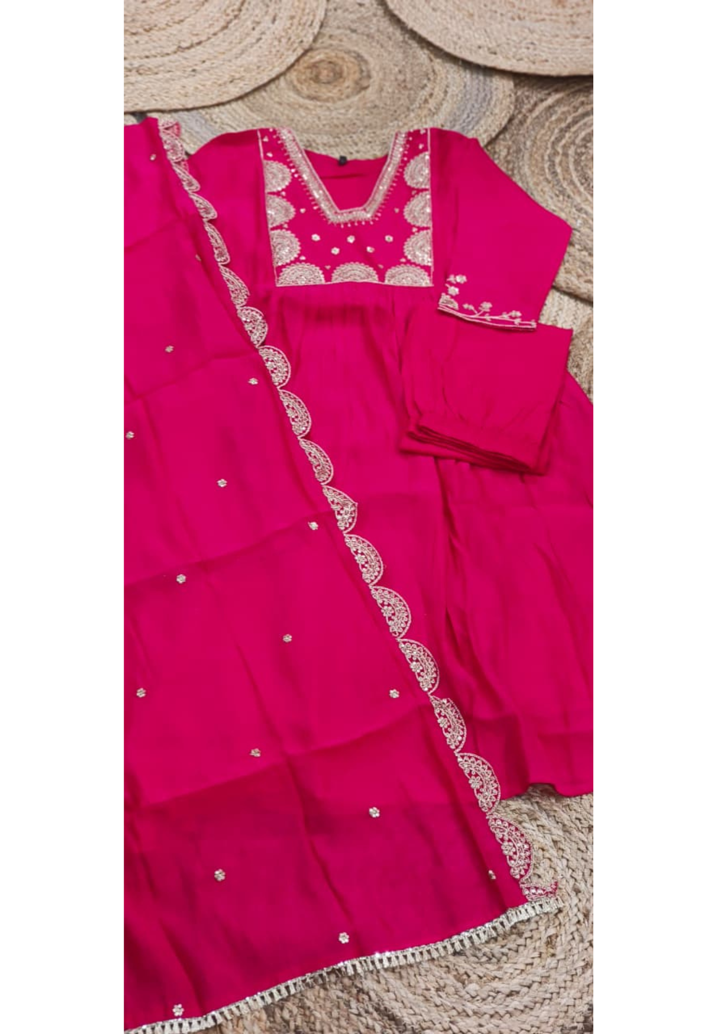 Tiny Foil Zari Work  A-Line Surat Mul Chanderi Full Suit Set With Dupatta