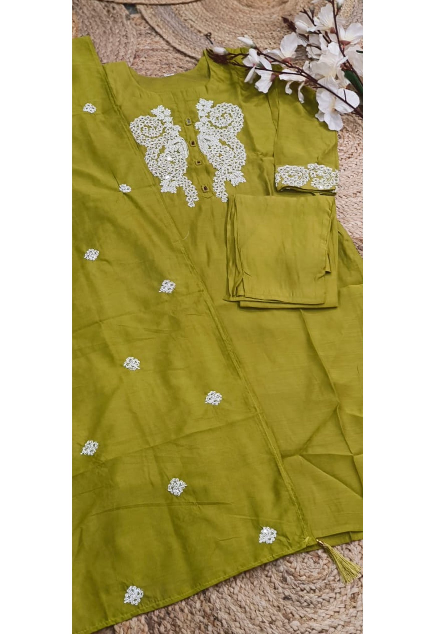 Thread Embroidered Real Mirror Surat Mul Chanderi A-Line Full Suit Set With Dupatta