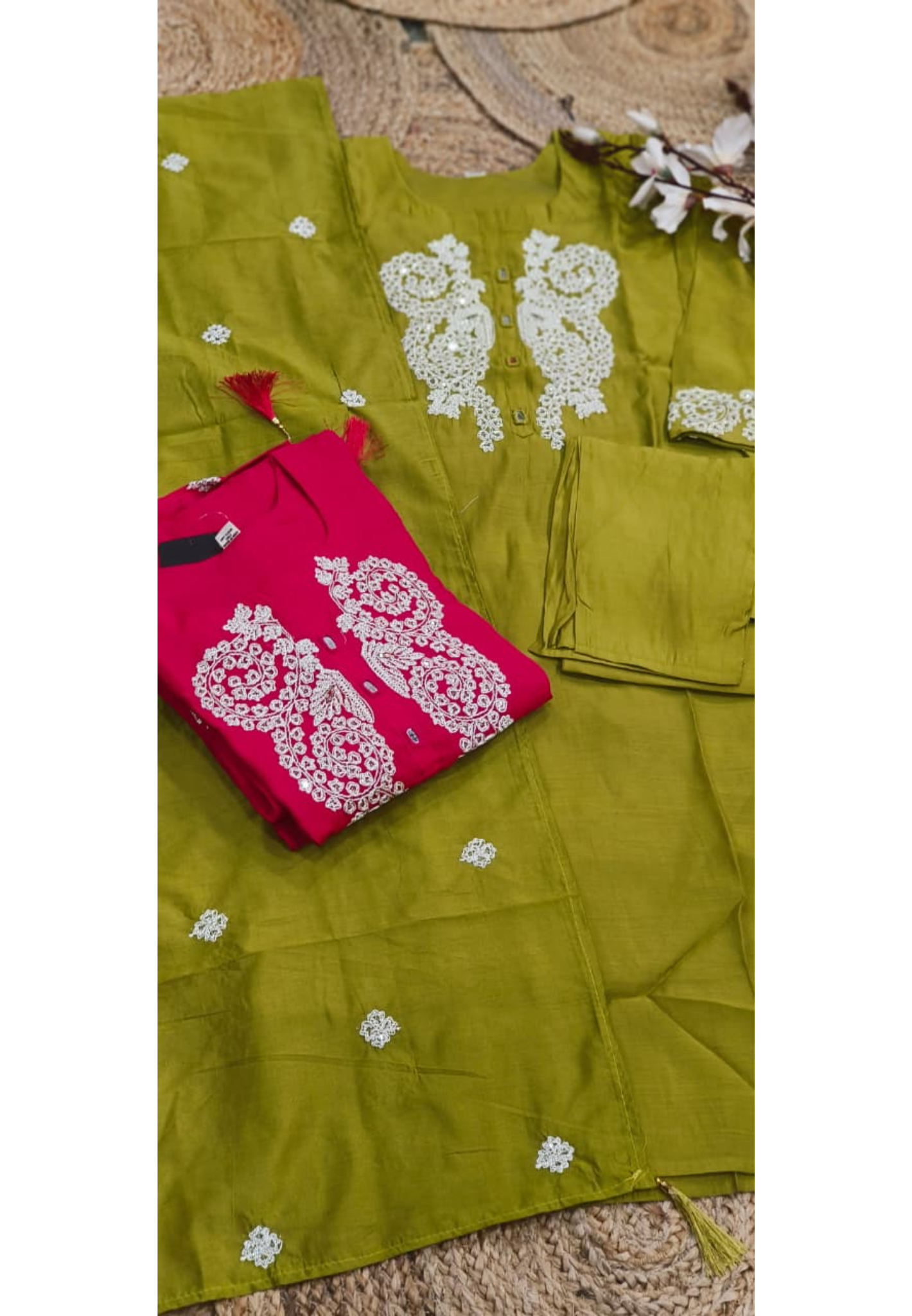 Thread Embroidered Real Mirror Surat Mul Chanderi A-Line Full Suit Set With Dupatta