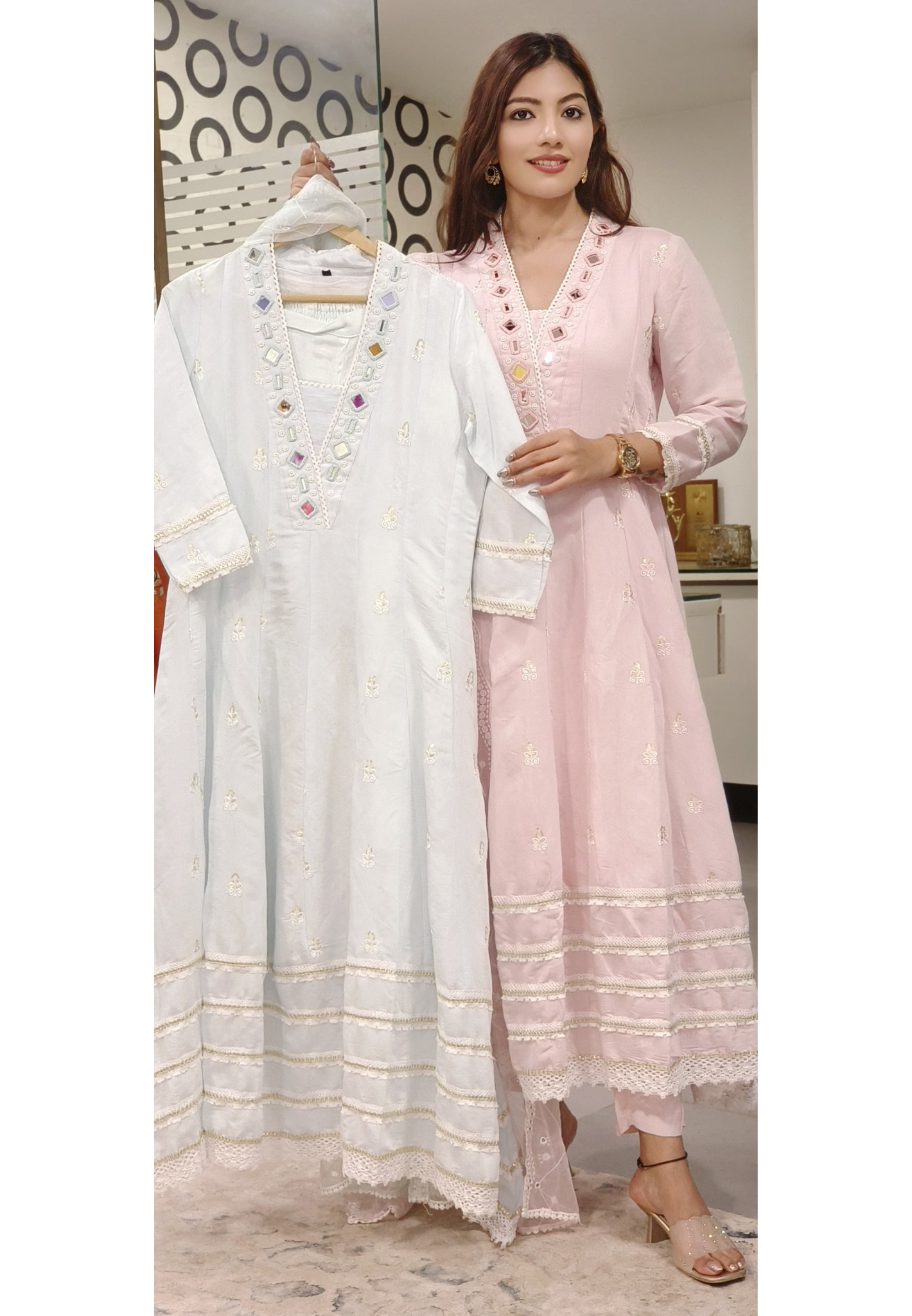Elegant Real Mirror Anarkali Full Suit Set With Dupatta