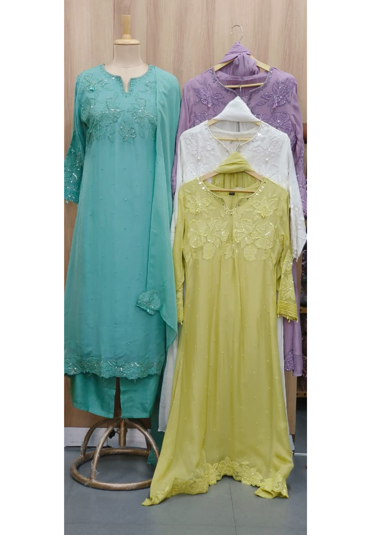 Pastel Elegance Patch Floral Embroidered Work Tiny Tassels Full Suit Set With Dupatta In Organza Fabric- 11247, 11246, 11245, 11244
