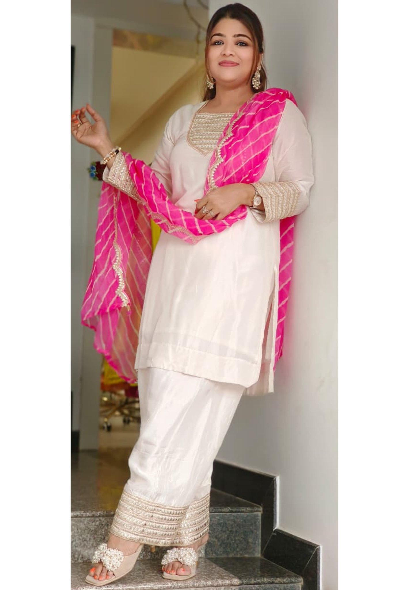 White Elegance Golden Touch Dola Silk Full Suit Set With Leheriya Organza Dupatta & Farsi Bottom- 11299