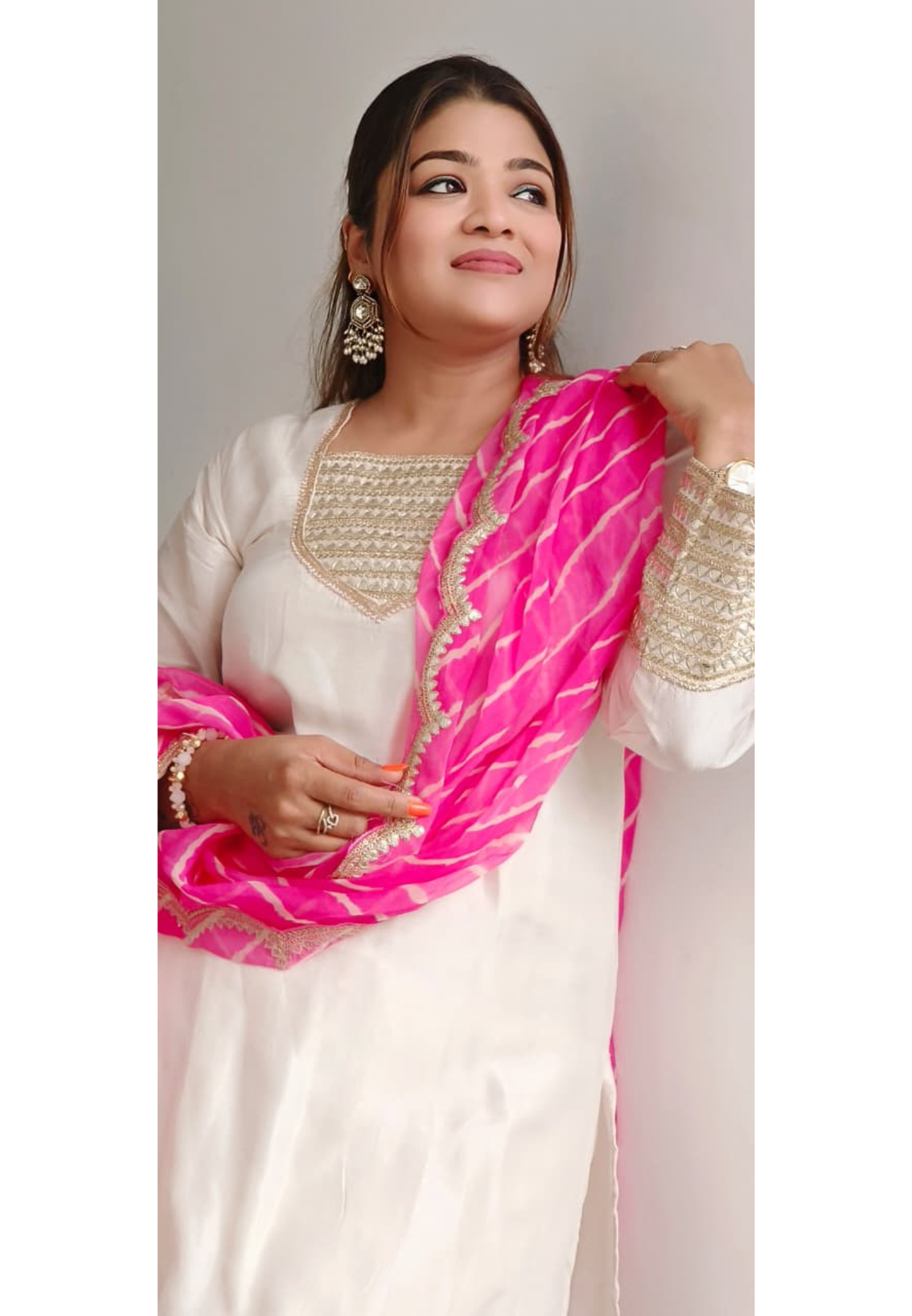 White Elegance Golden Touch Dola Silk Full Suit Set With Leheriya Organza Dupatta & Farsi Bottom- 11299