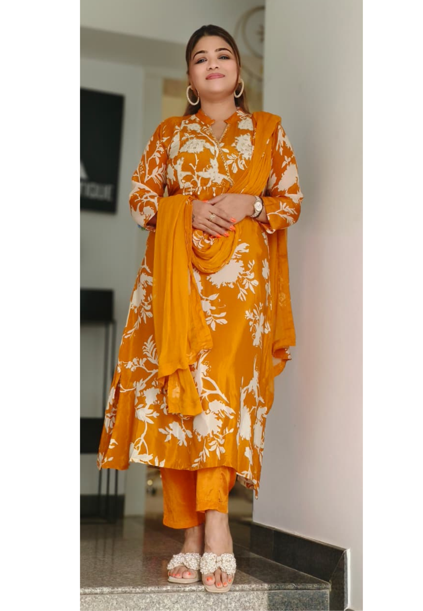 Floral Printed Pure Crepe Cut Dana Embroidered Neck Full Suit Set With Dupatta- 11241