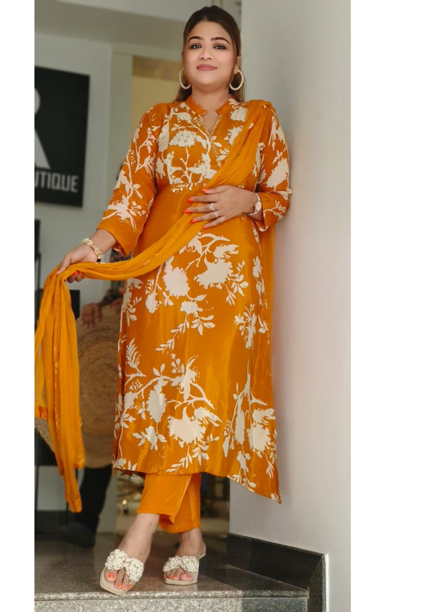 Floral Printed Pure Crepe Cut Dana Embroidered Neck Full Suit Set With Dupatta- 11241