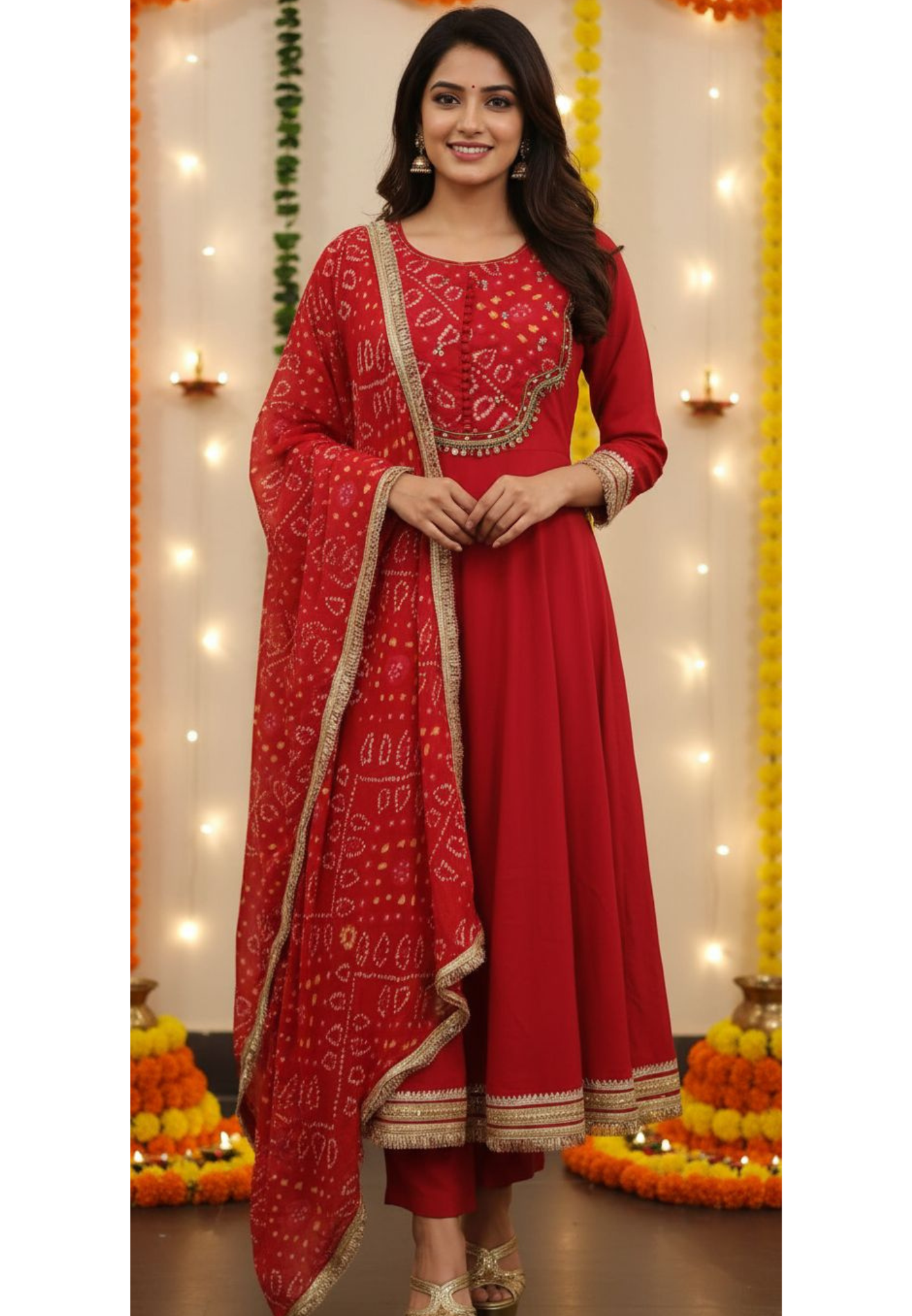 Beads Embroidered Beautiful Bandani Print Yoke Cotton Anarkali Full Suit Set- 11325, 11326
